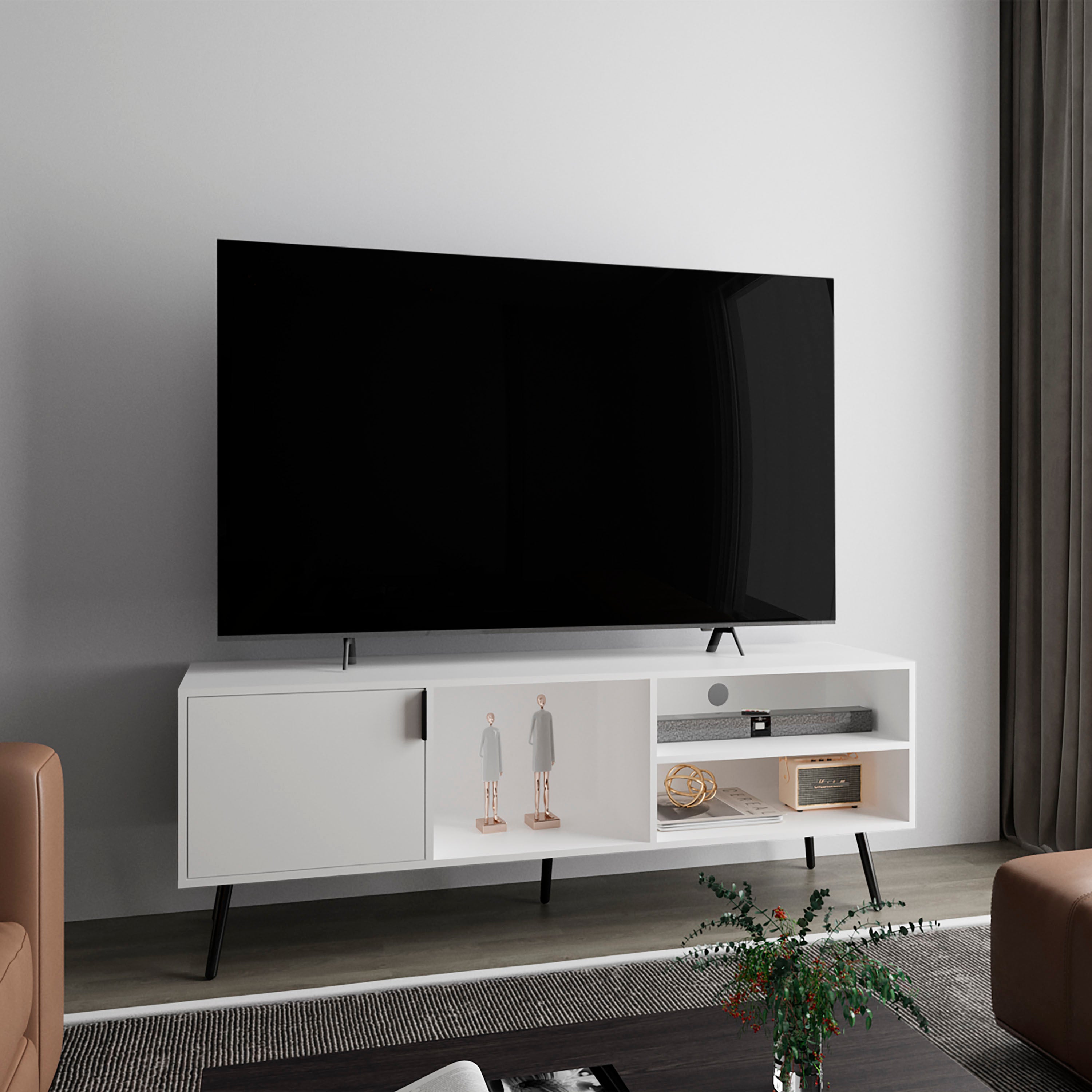 White TV Stand with Door & Shelves | Modern Entertainment Center