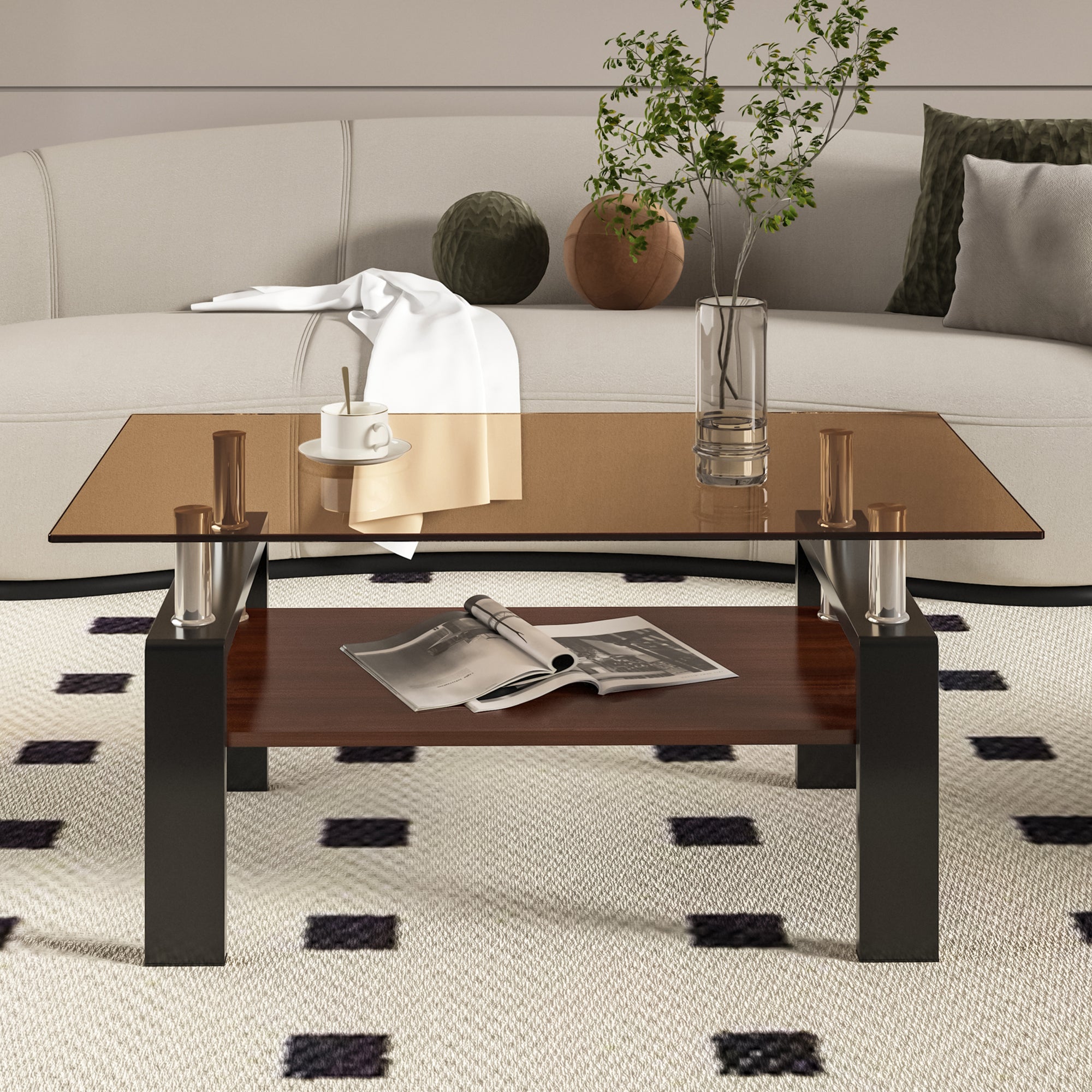 Modern Brown Glass Rectangle Coffee Table