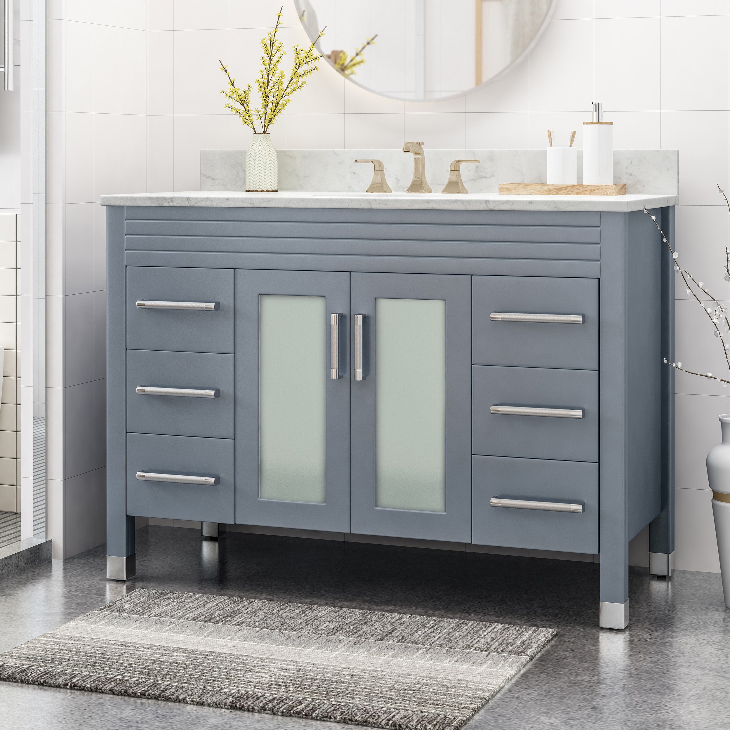 Gray 49" Bathroom Vanity: Marble Top, 6 Drawers