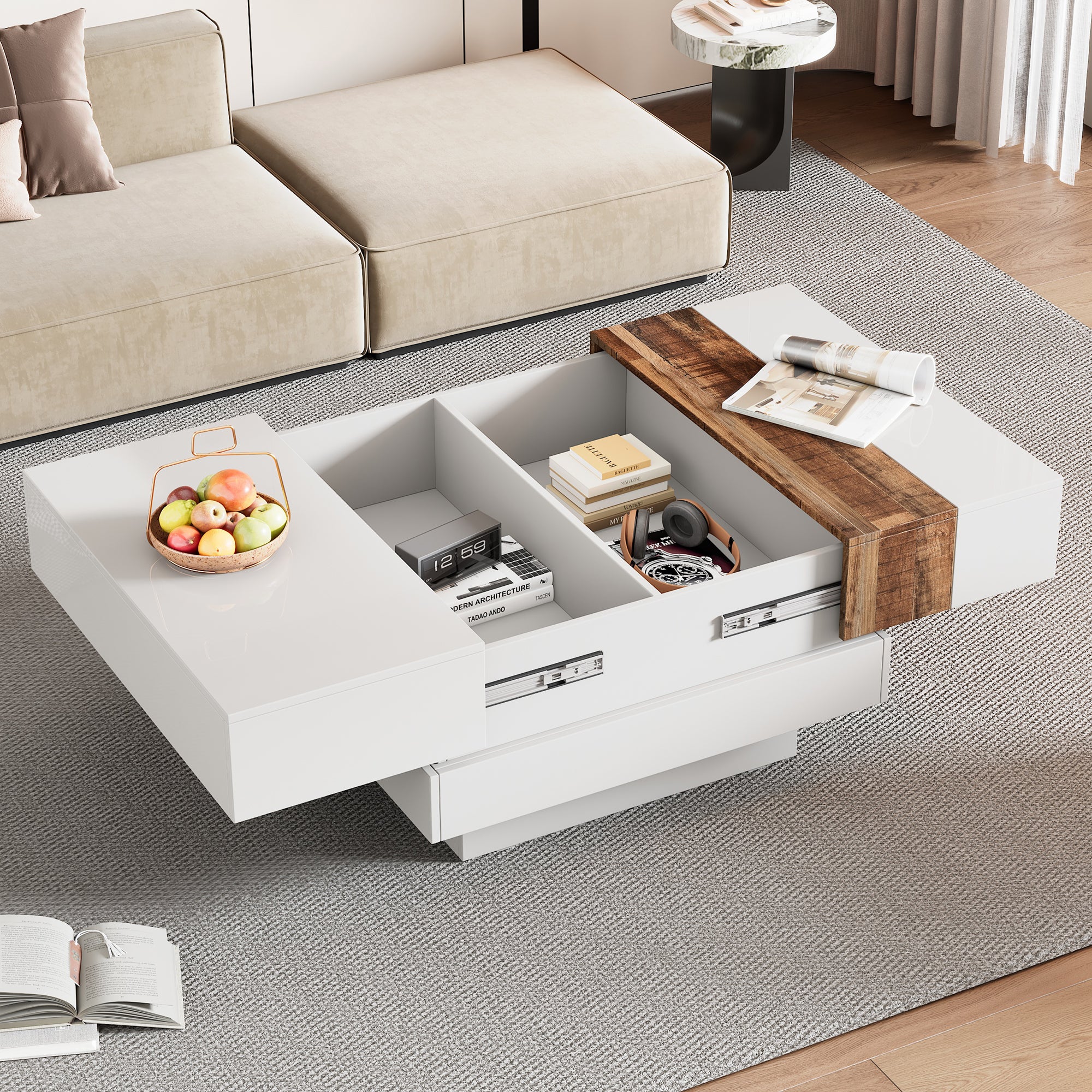 Modern Square Coffee Table with Storage | Wood & Metal Accent