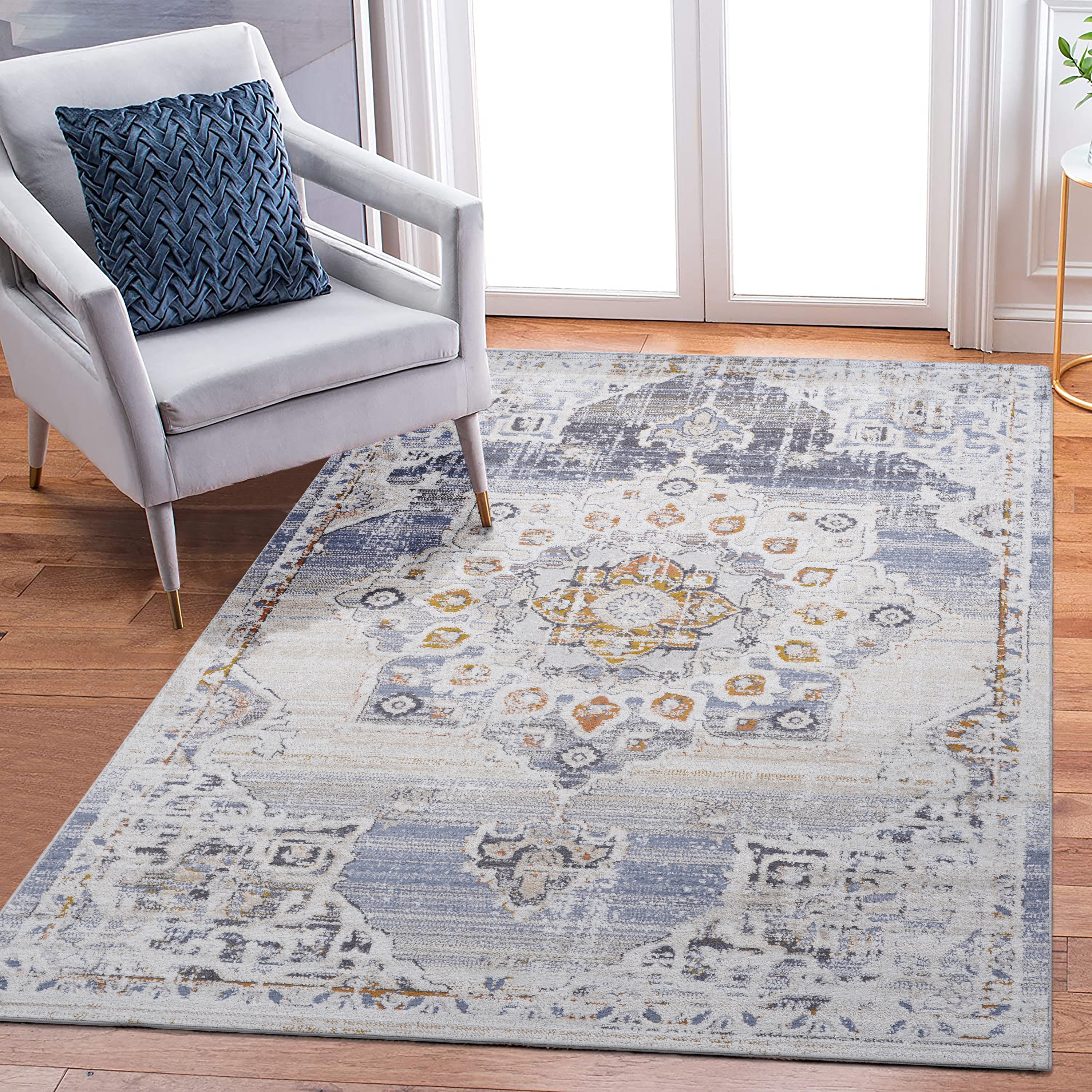 6x9 Area Rug: Cream, Gold Medallion, Non-Shedding