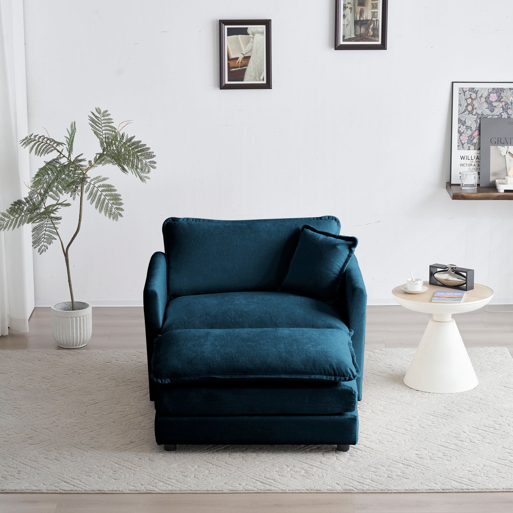 Blue Chenille Accent Chair & Ottoman Set