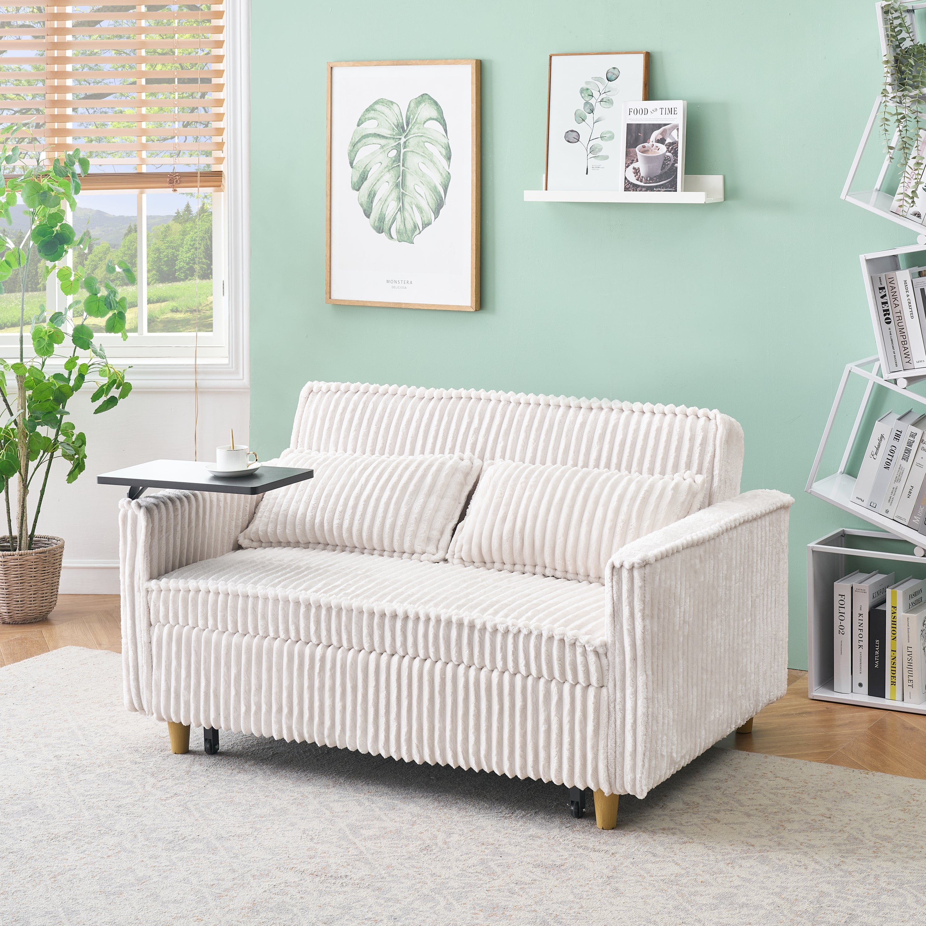 Beige Corduroy Sofa: Pull-Out & Push-In