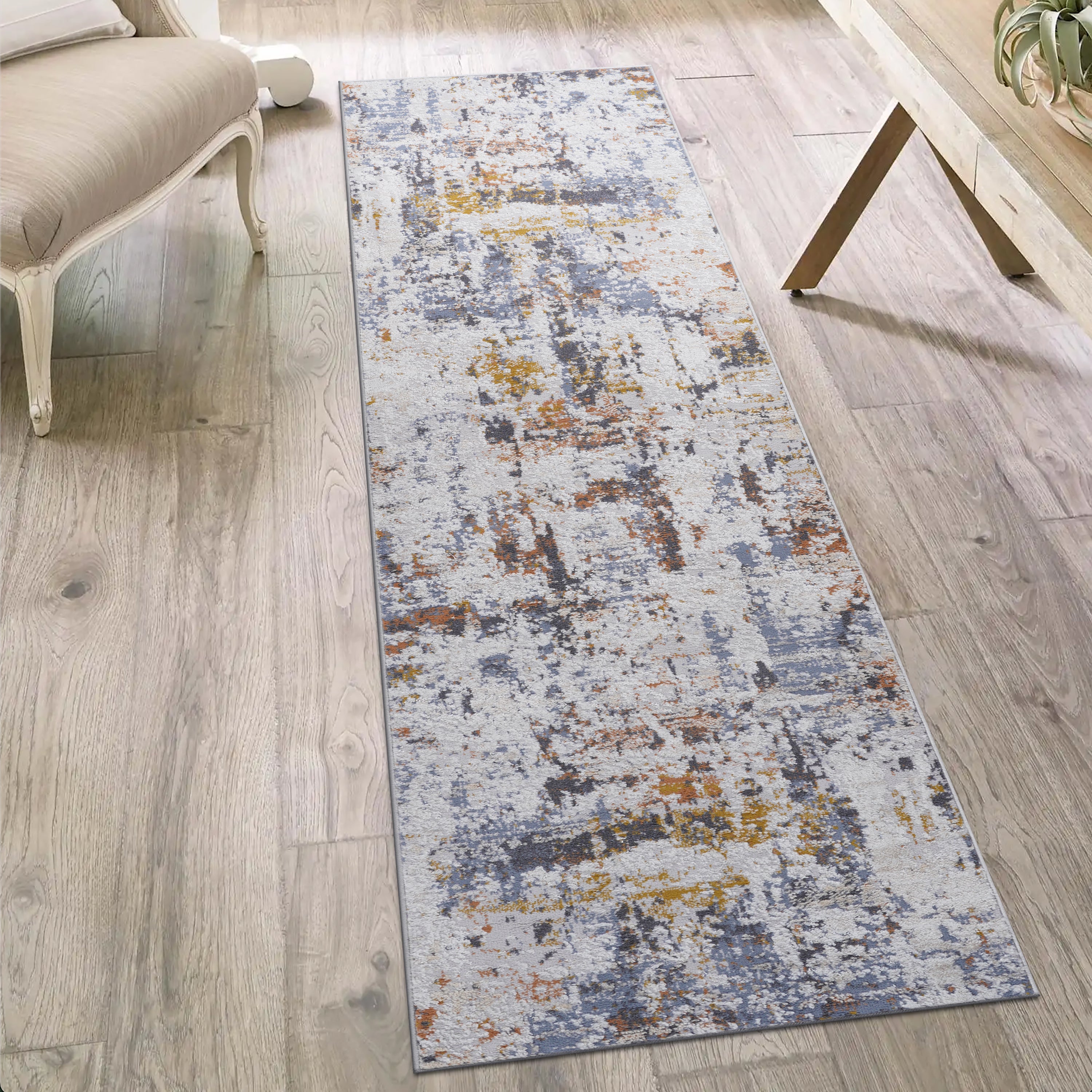 Ivory/Blue Abstract Rug: Stain-Resistant & Stylish