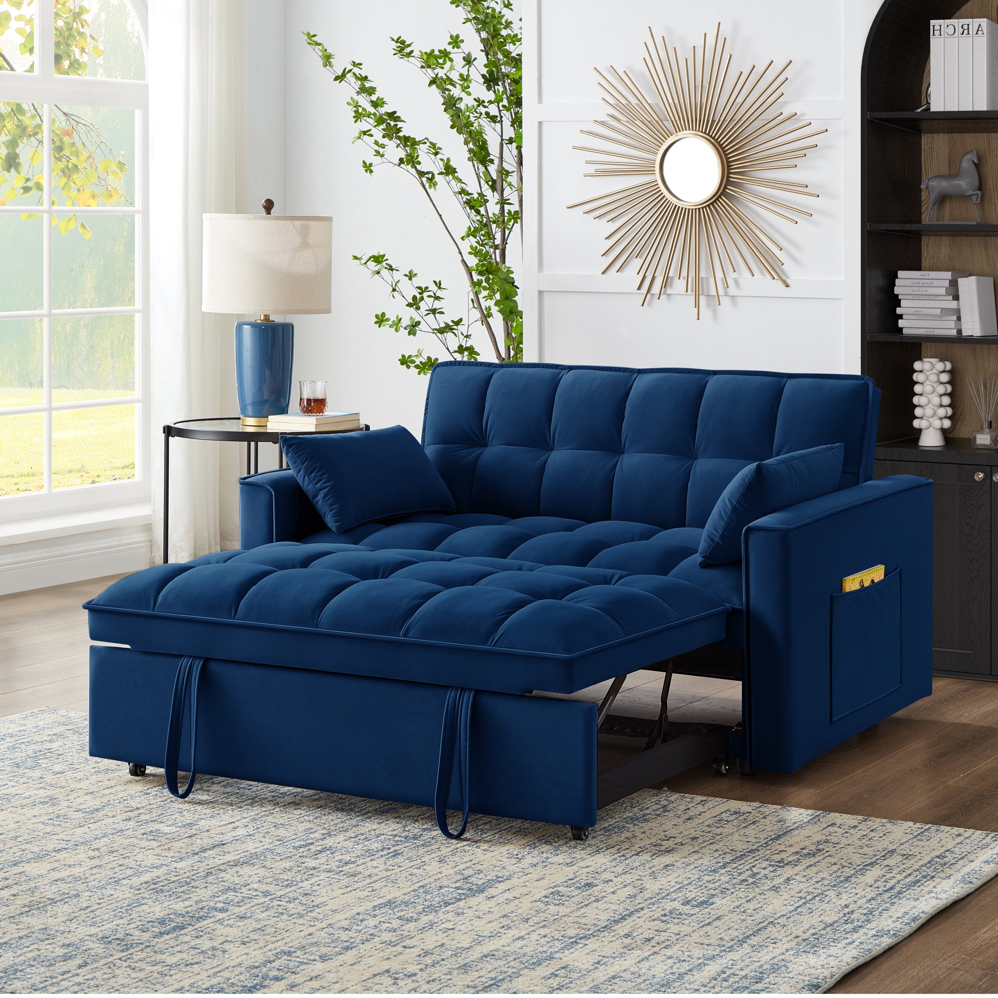Navy Tufted Loveseat Sofa Bed w/ Storage