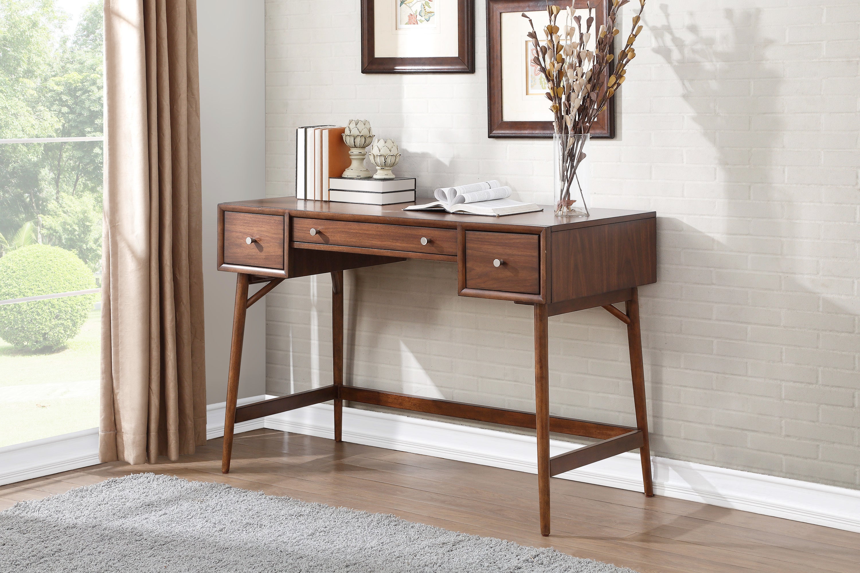 Modern Counter Height Writing Desk, Brown Finish, Storage Drawers