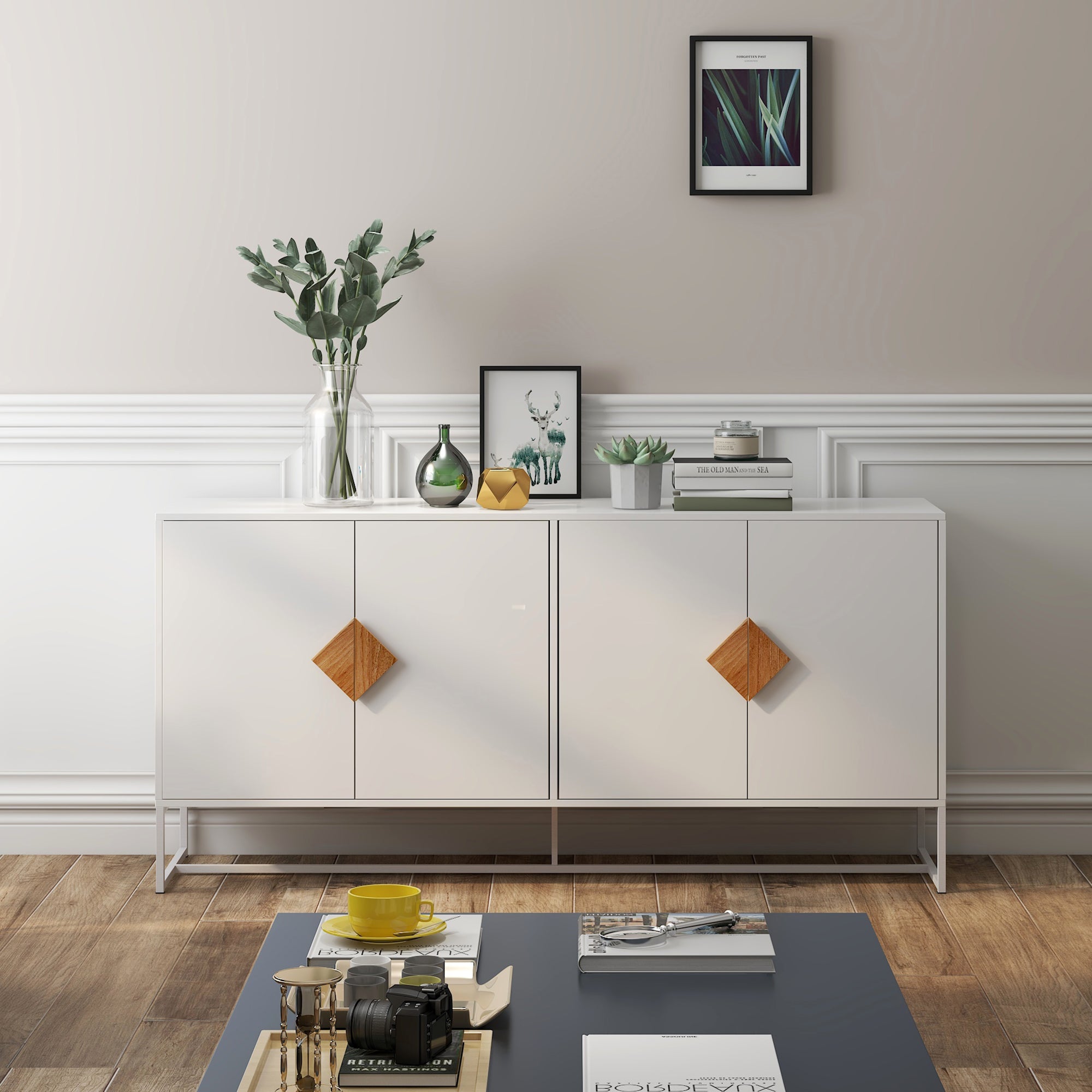Square Sideboard: Solid Wood, 4 Doors, Double Storage