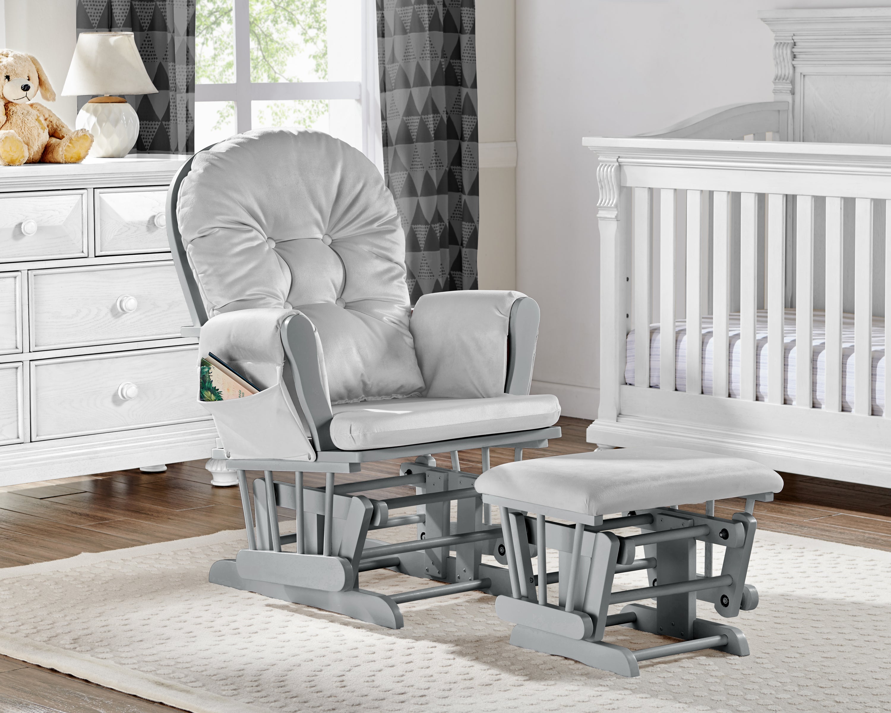 Mason Glider: Ottoman, Gray Wood & Light Gray Fabric