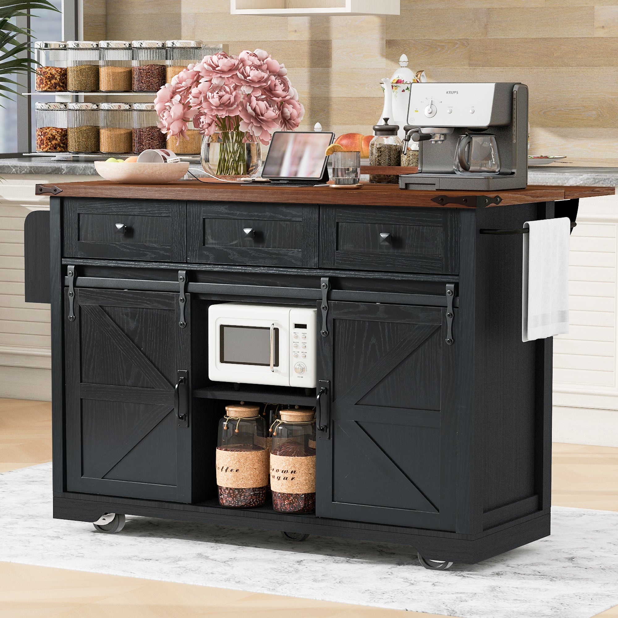 Farmhouse Kitchen Island w/ Power Outlet & Storage