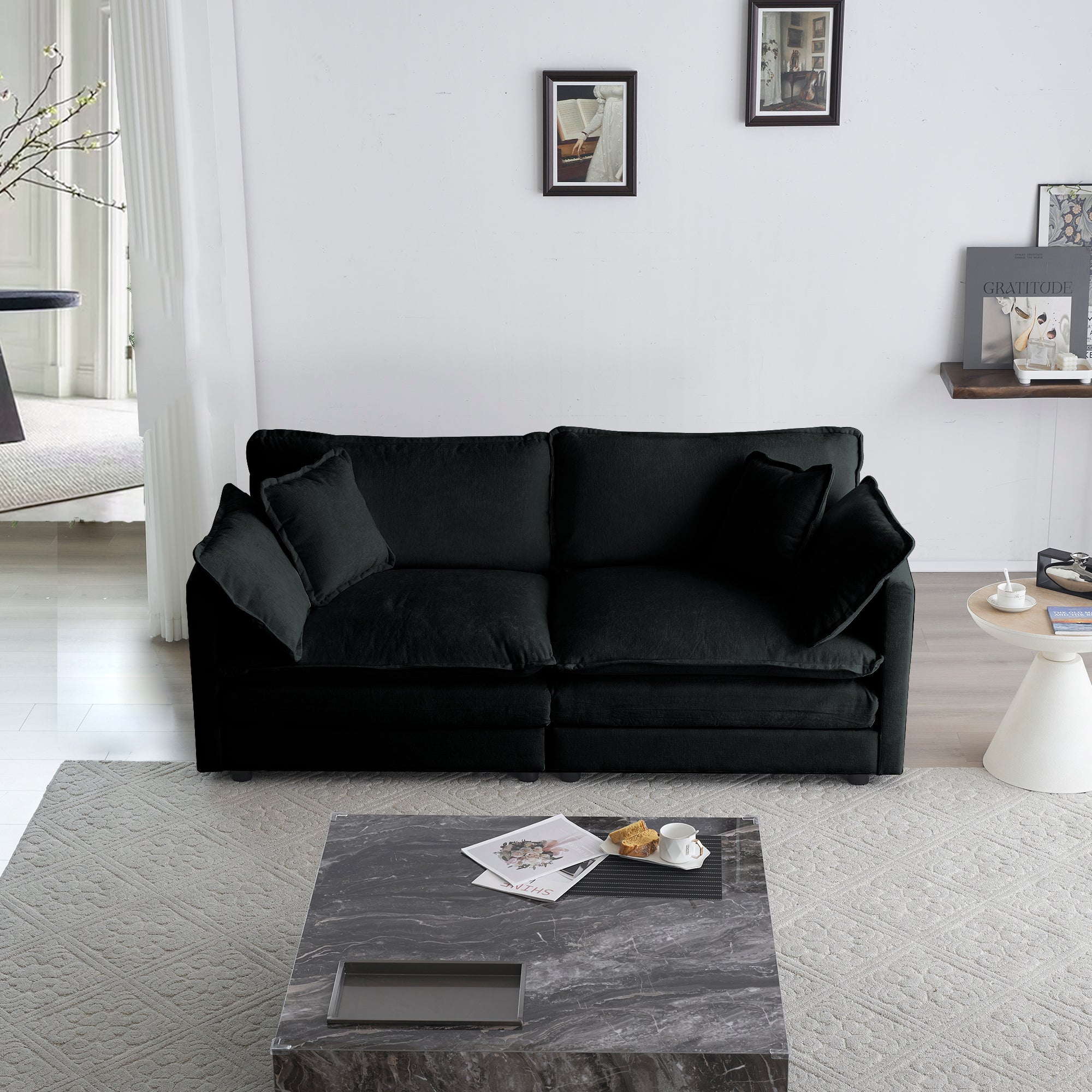 Modern Chenille Loveseat: Deep Seat & 4 Pillows