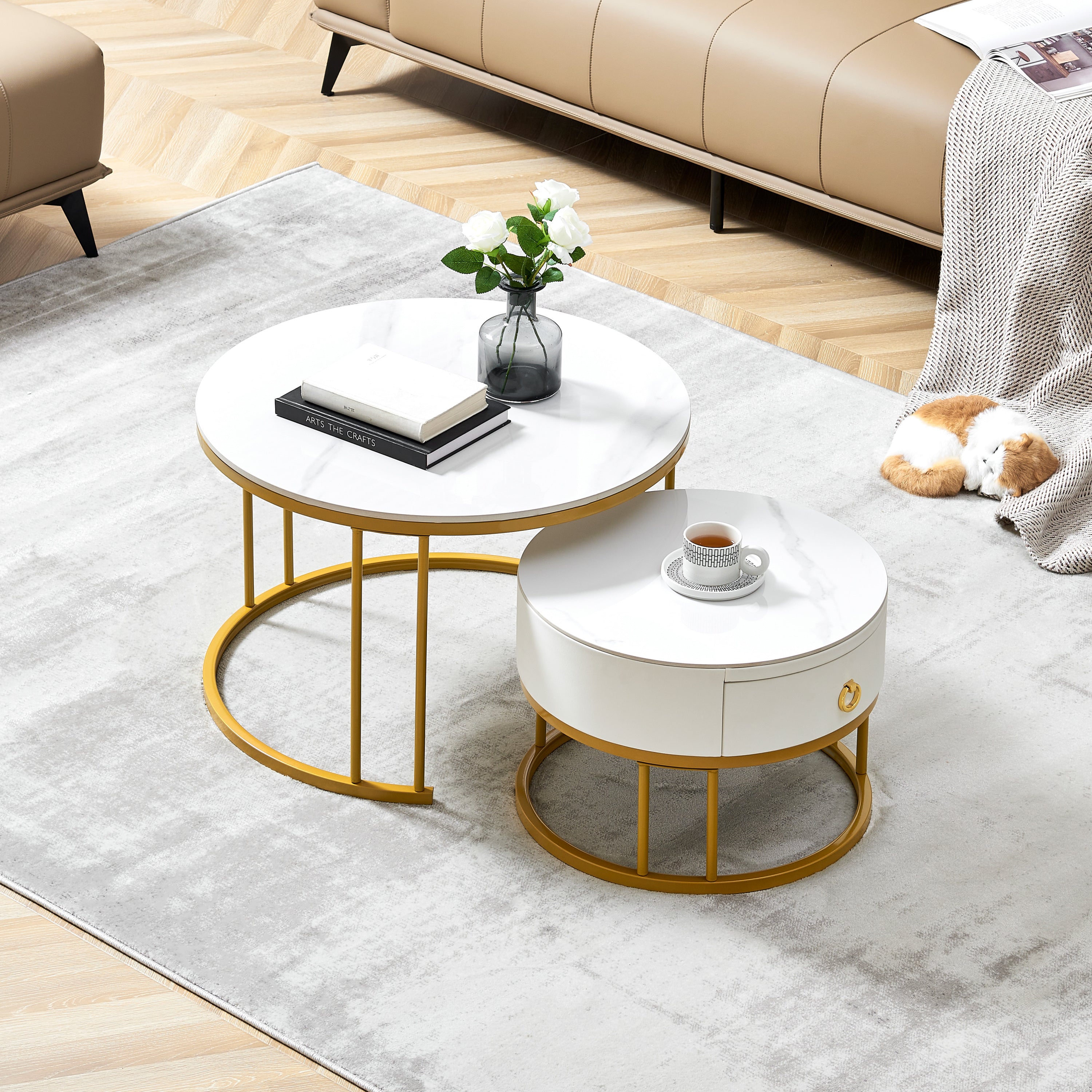 Modern Gold Coffee Table Set: 2 Circular Marble Tables