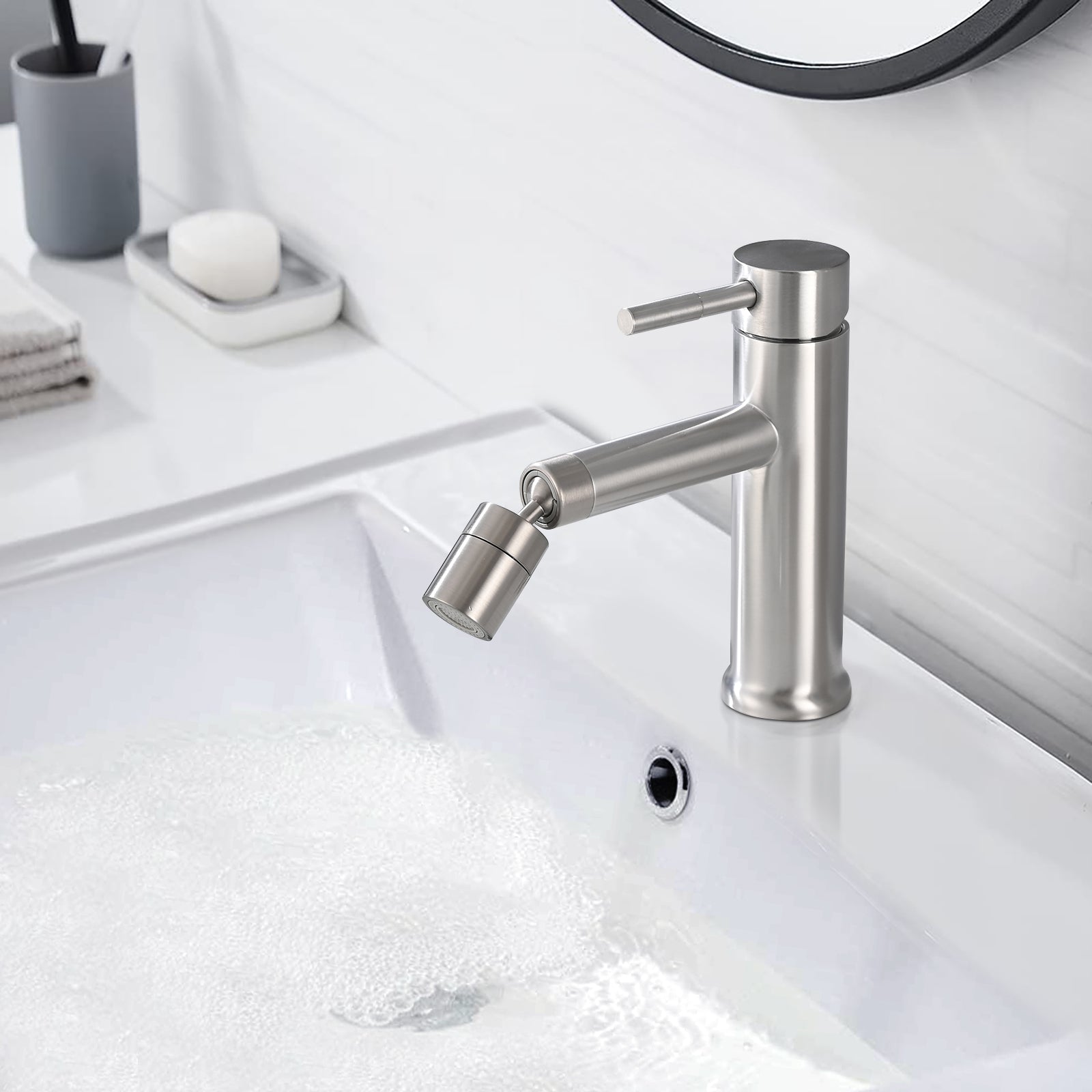 Brushed Nickel Bathroom Faucet: 2-Mode, 360° Swivel