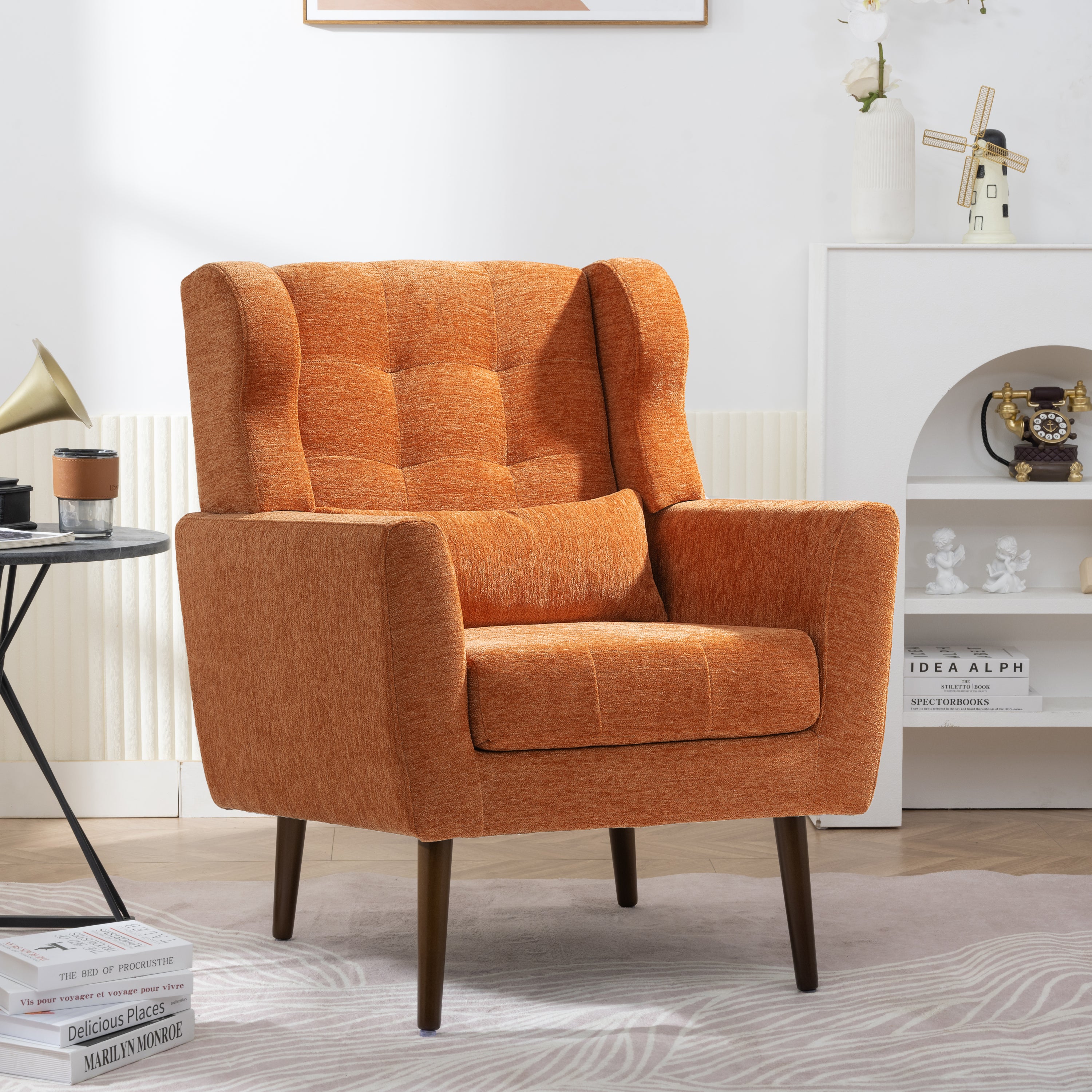 Modern Orange Chenille Accent Chair w/Pillow