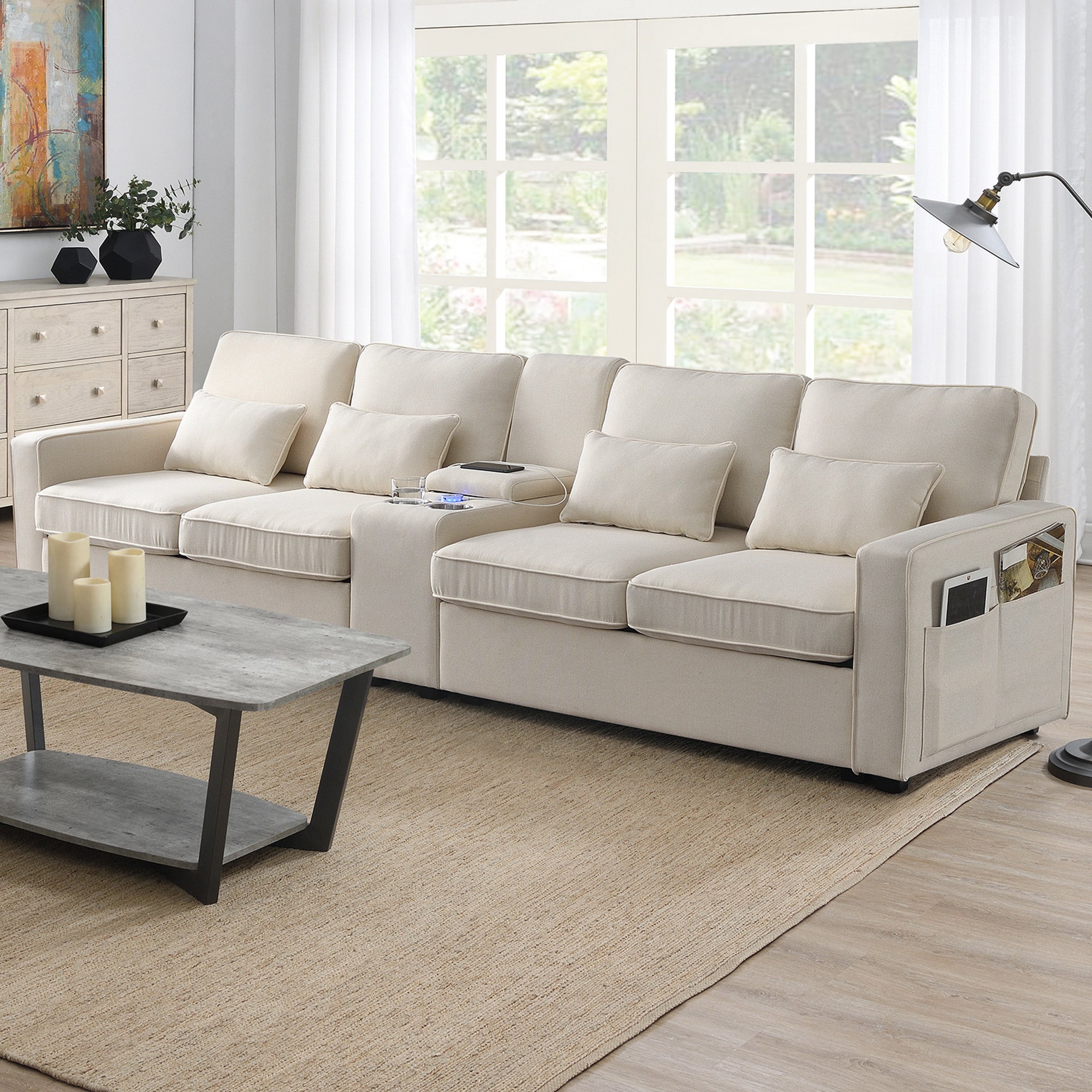 Luxury 114.2" Sofa: USB, Console & Pillows