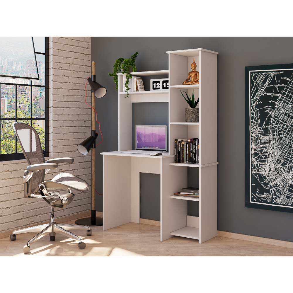 White 5-Shelf Desk with 2 Superior Shelves