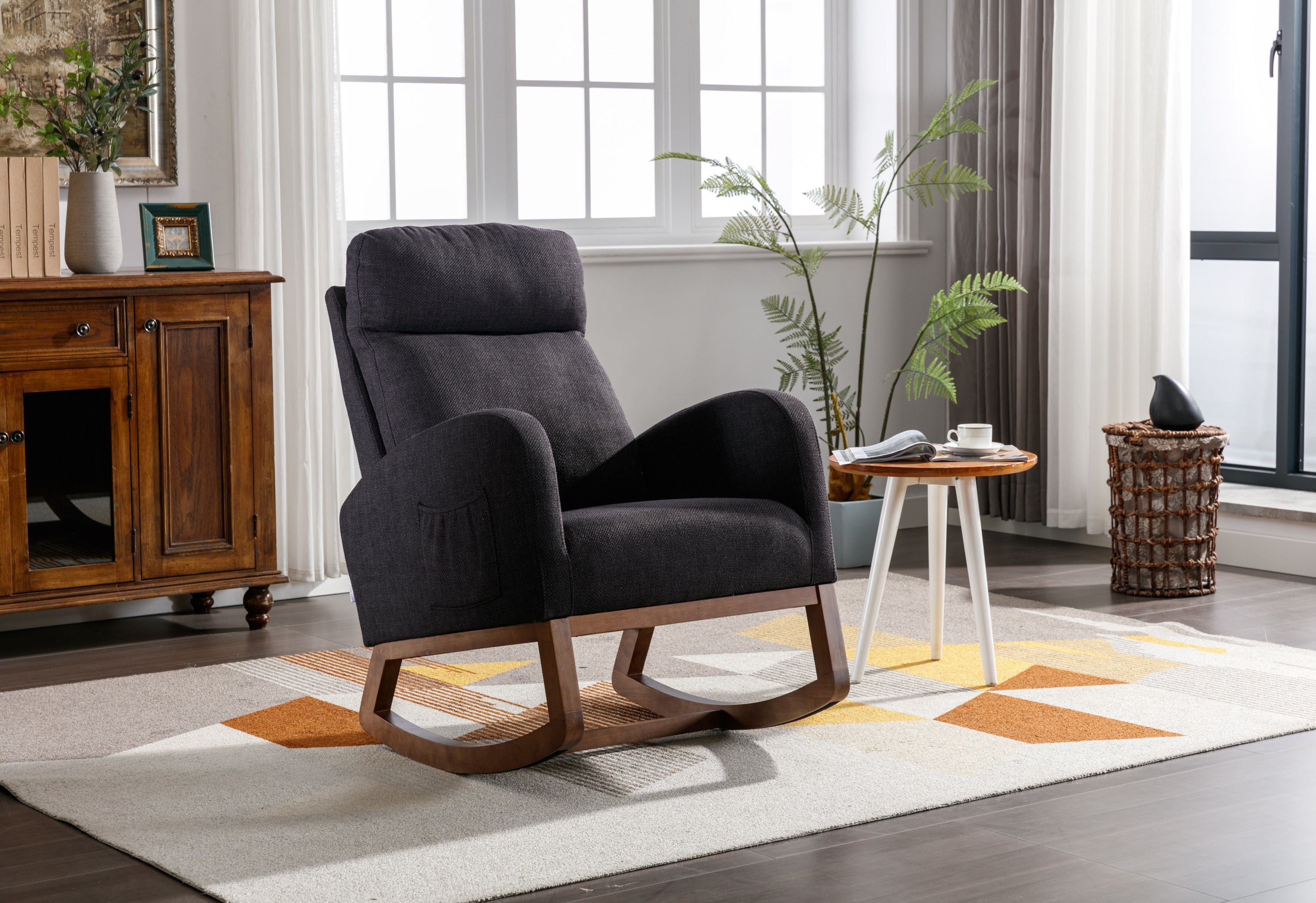 Modern Rocking Chair, Black Linen Glider