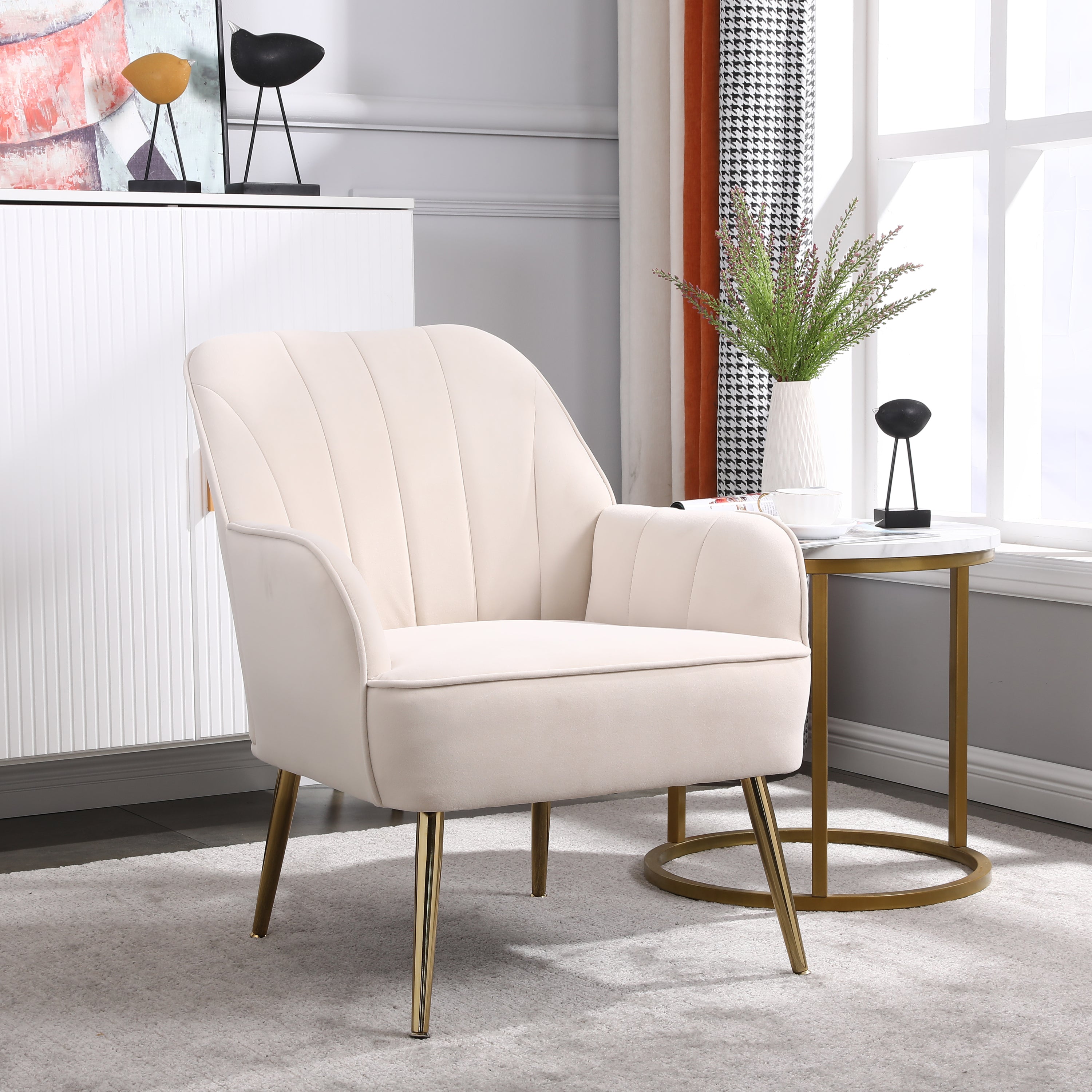 Velvet Sherpa Mid-Century Armchair (Beige)