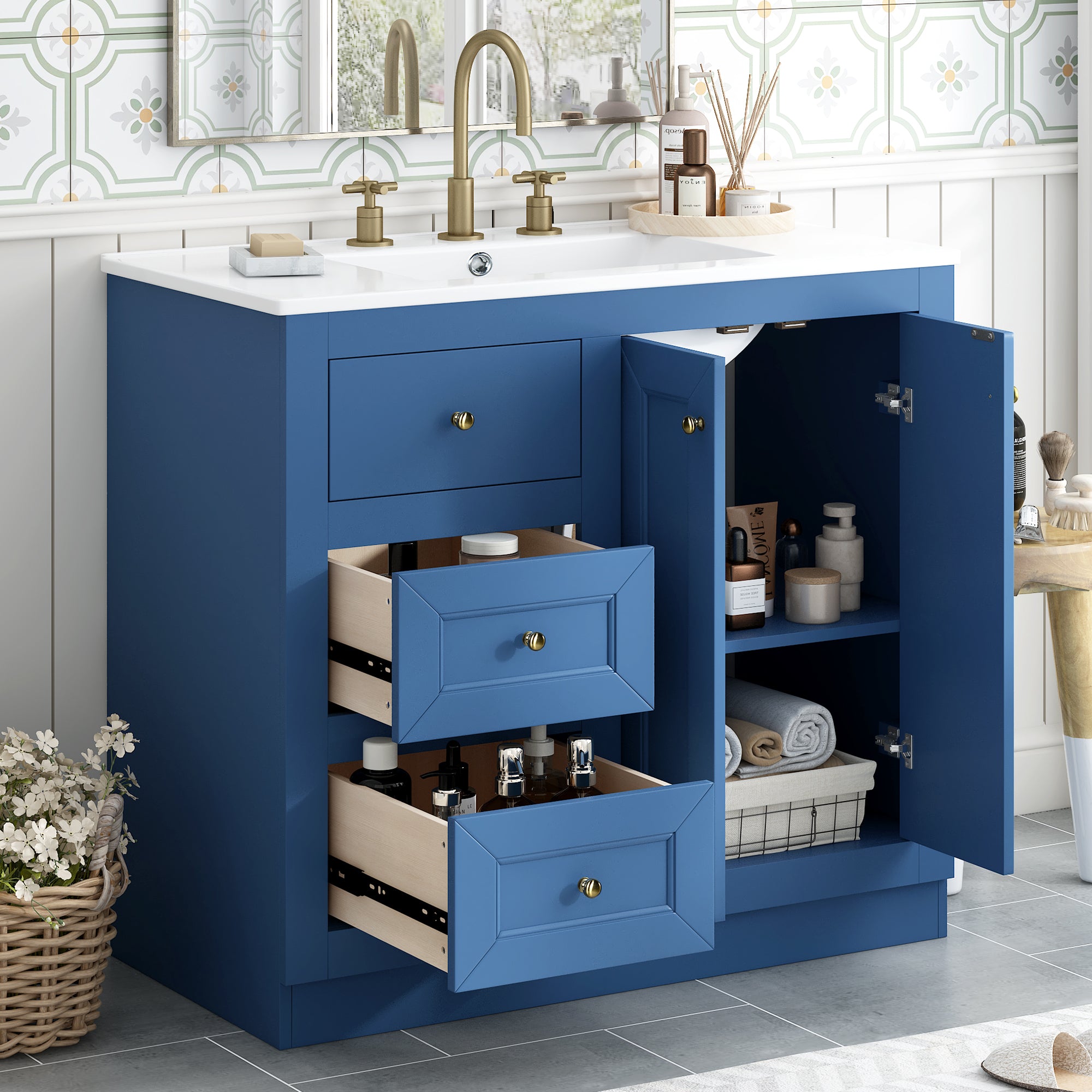 36" Blue Bathroom Vanity with Sink & Storage