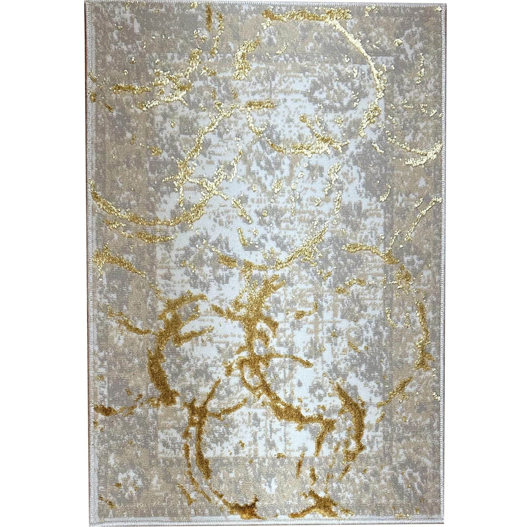 Beige & Gray Luxury Rug: Gold Circle Abstract Design