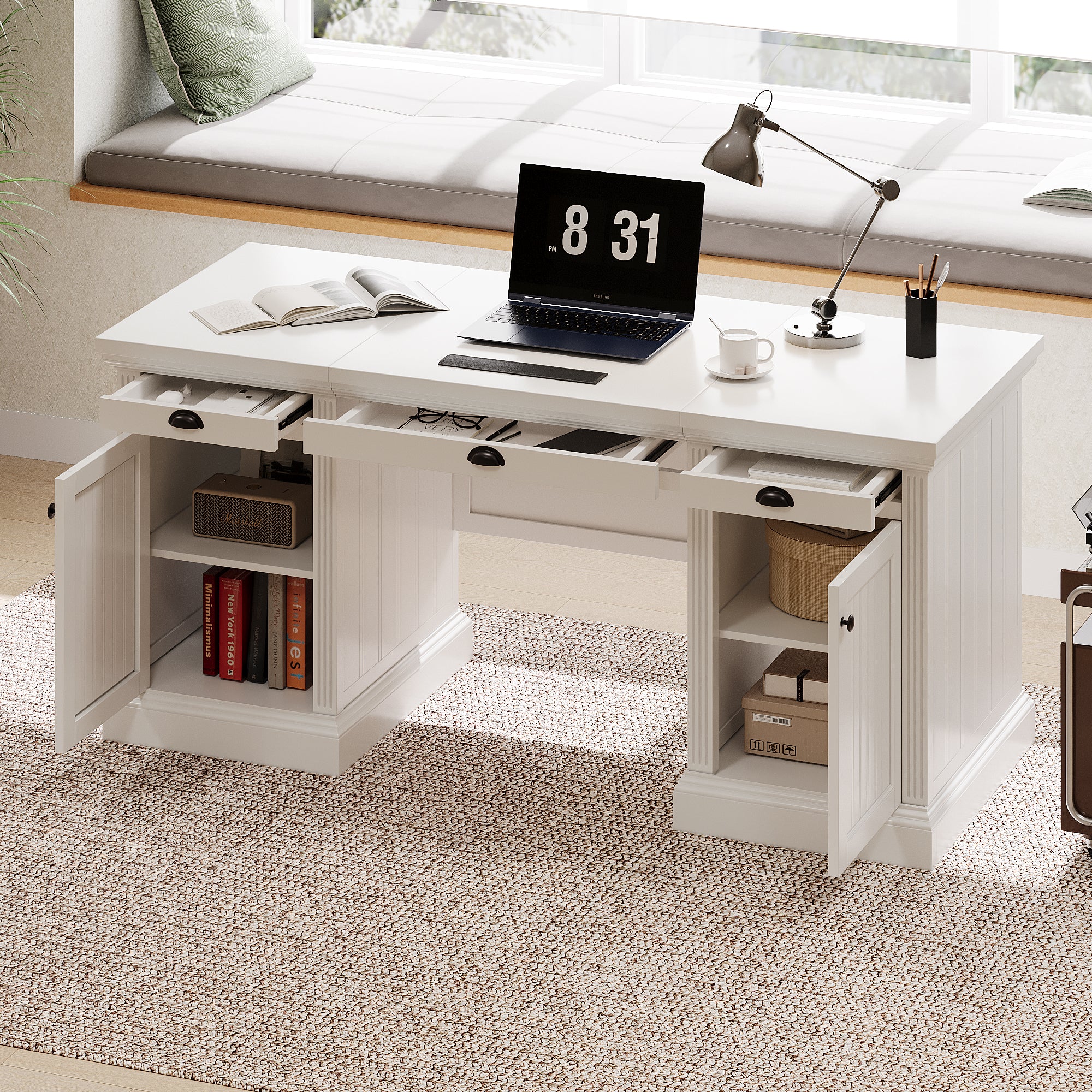 Modern White Executive Desk | 67" w/ Storage & Drawers