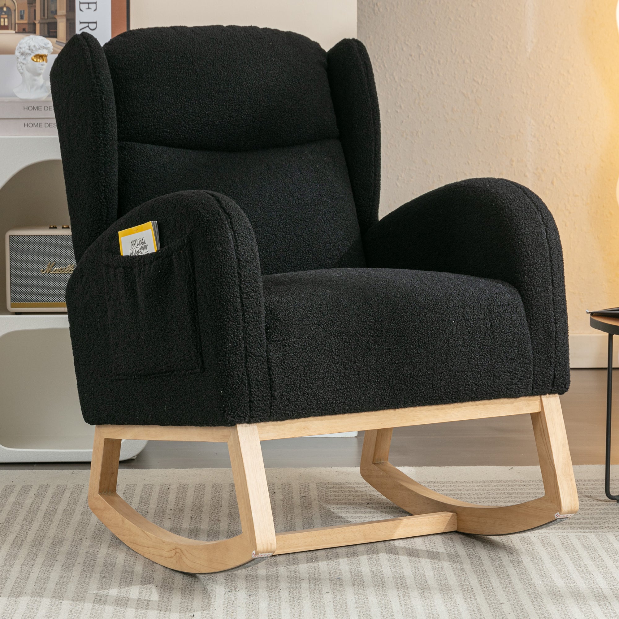 Teddy Fabric Rocking Chair, Black, Wood Legs