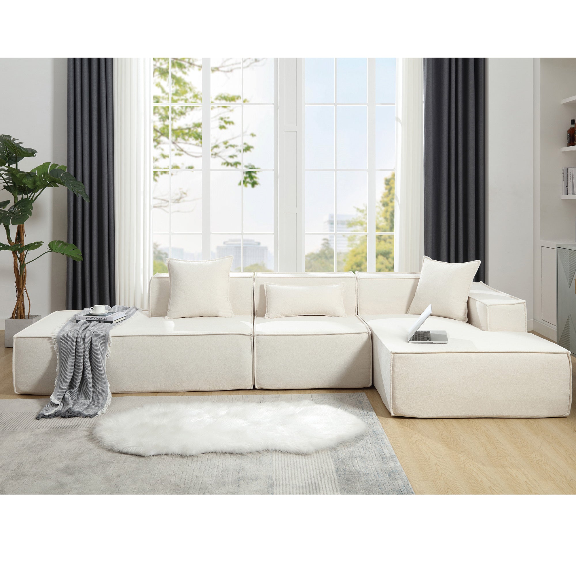 Modern Minimalist Modular Sofa Set, Beige Terrycloth, RHF