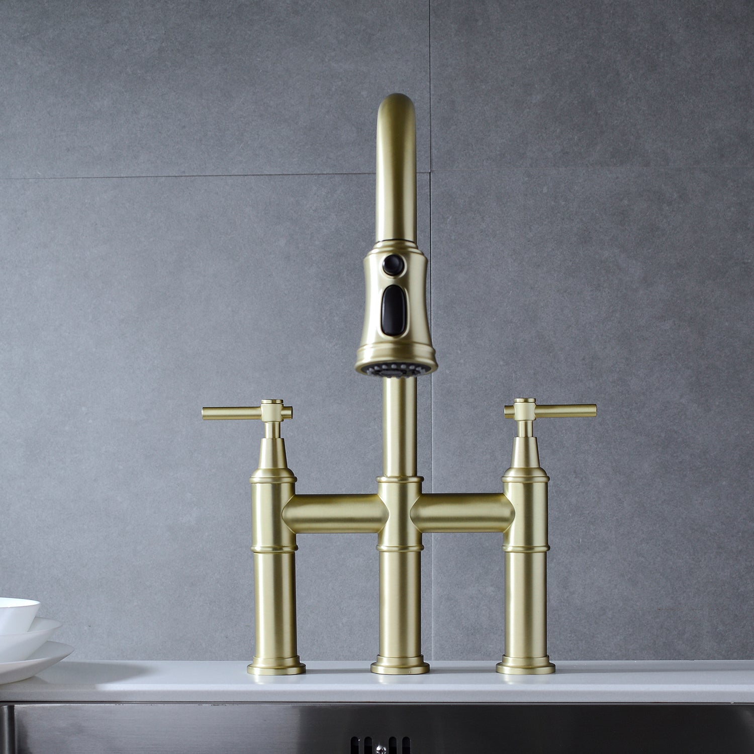 Spot-Free Pull-Down Bridge Kitchen Faucet