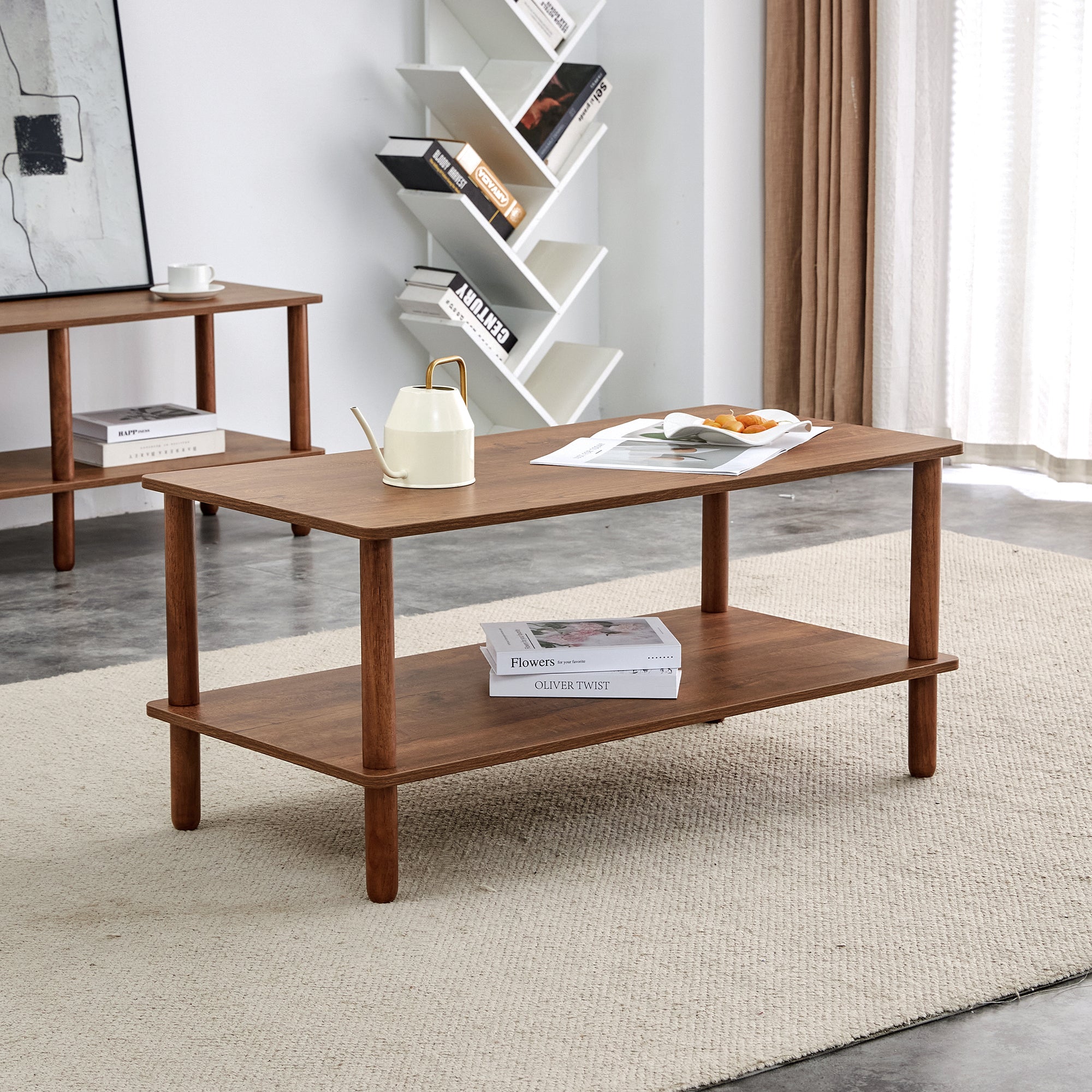 Modern Coffee Table: Open Shelf & Rubberwood Legs