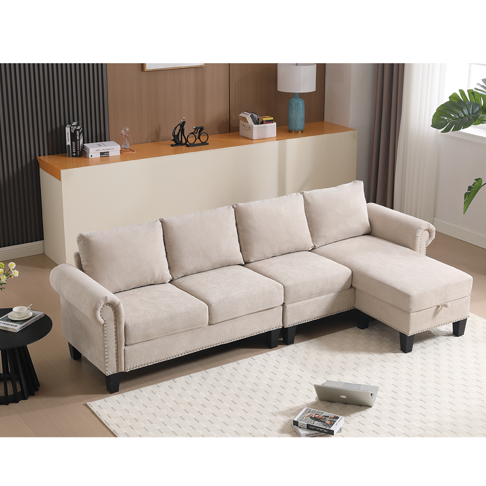 Convertible Sectional Sofa w/ Storage, Beige Linen