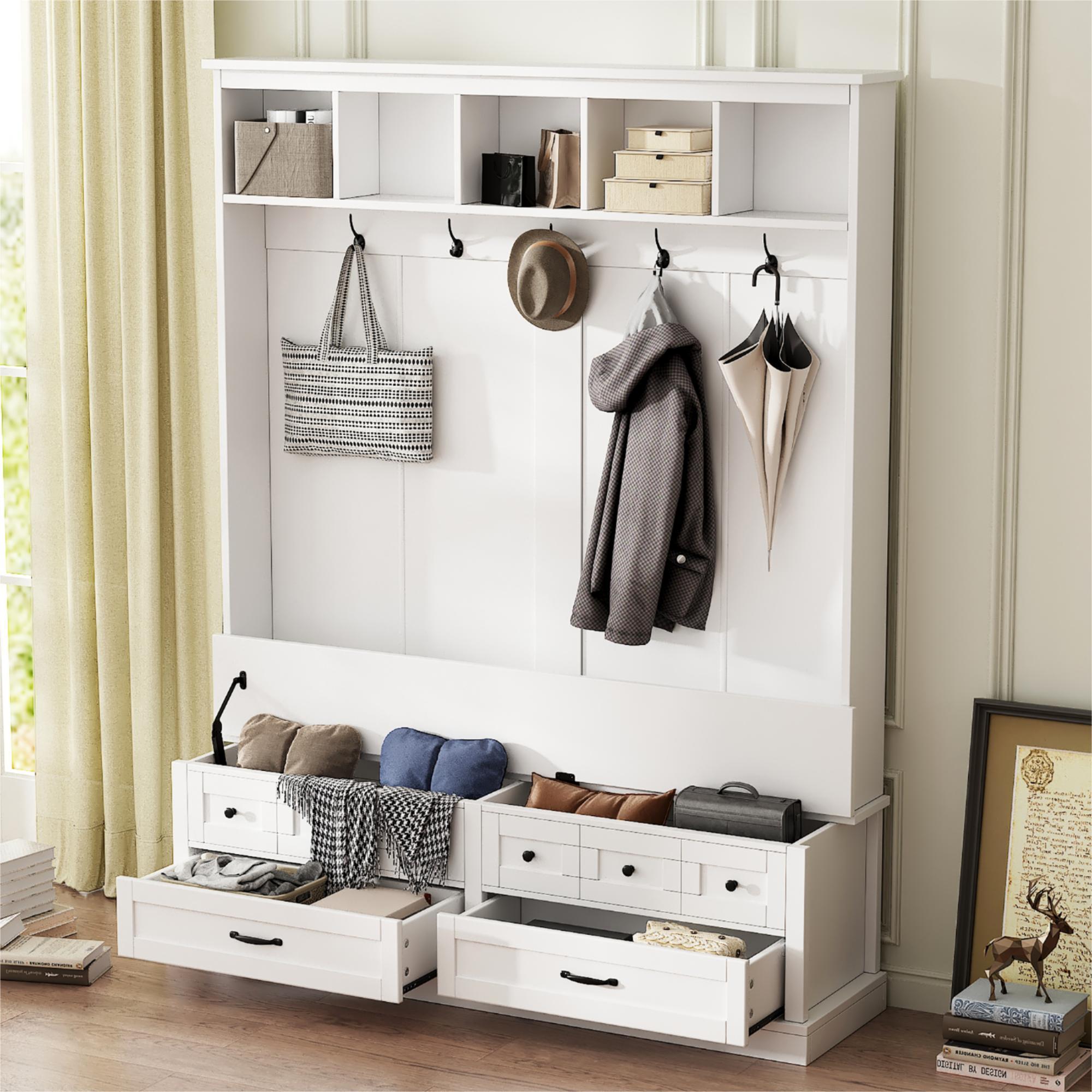 Elegant Hall Tree with Storage Bench & Drawers, White