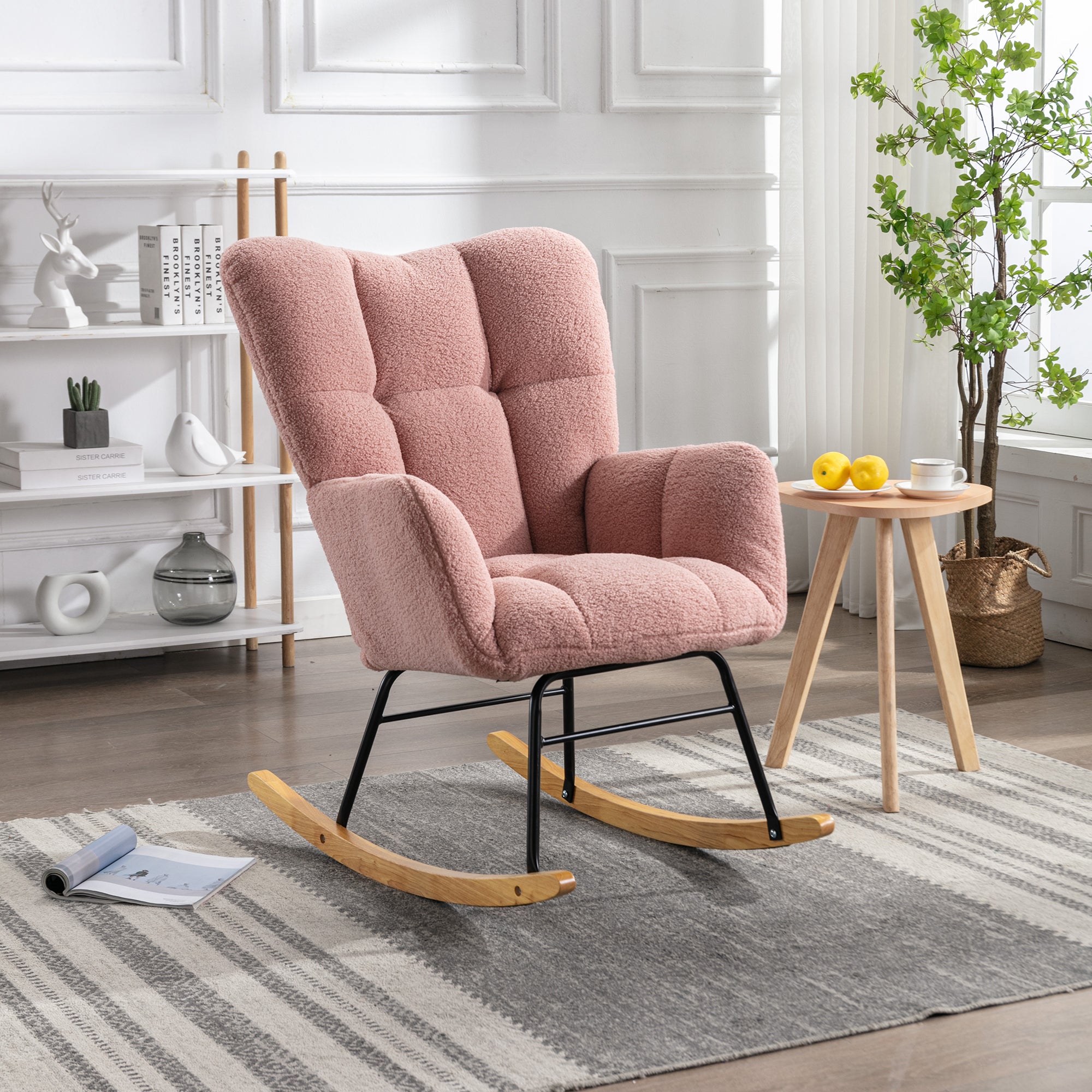 Mid-Century Modern Pink Teddy Rocking Chair | Tufted & Upholstered