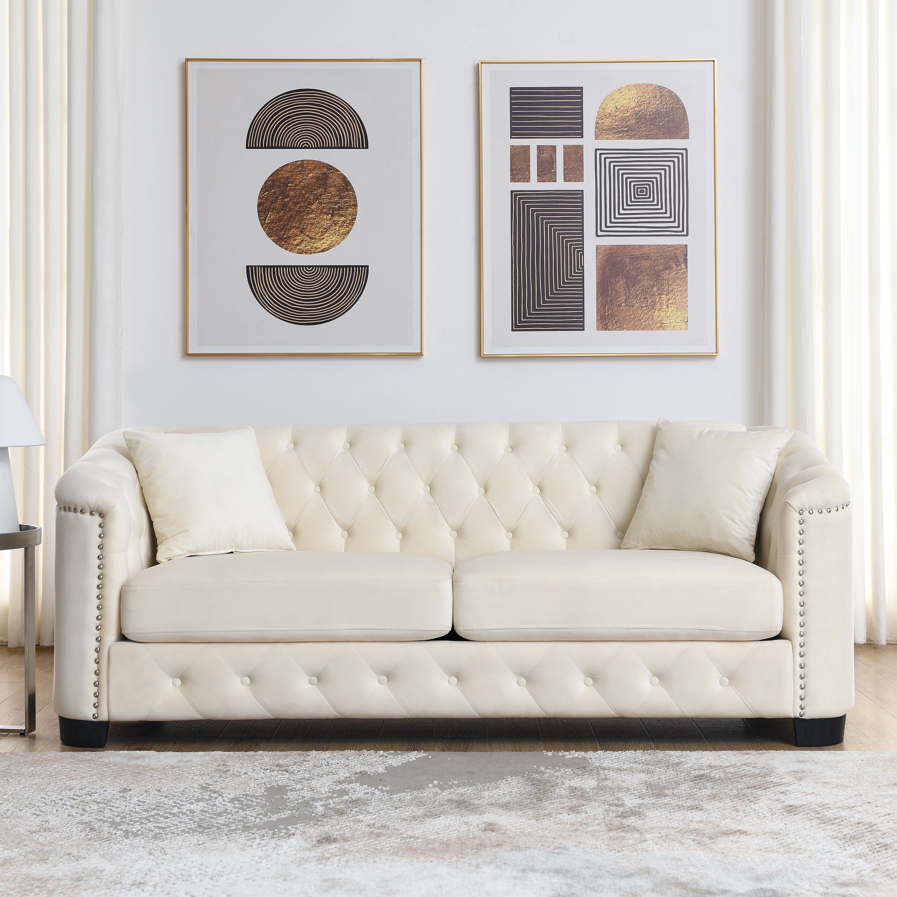 Beige Chesterfield Sofa: 77" Velvet 3-Seater