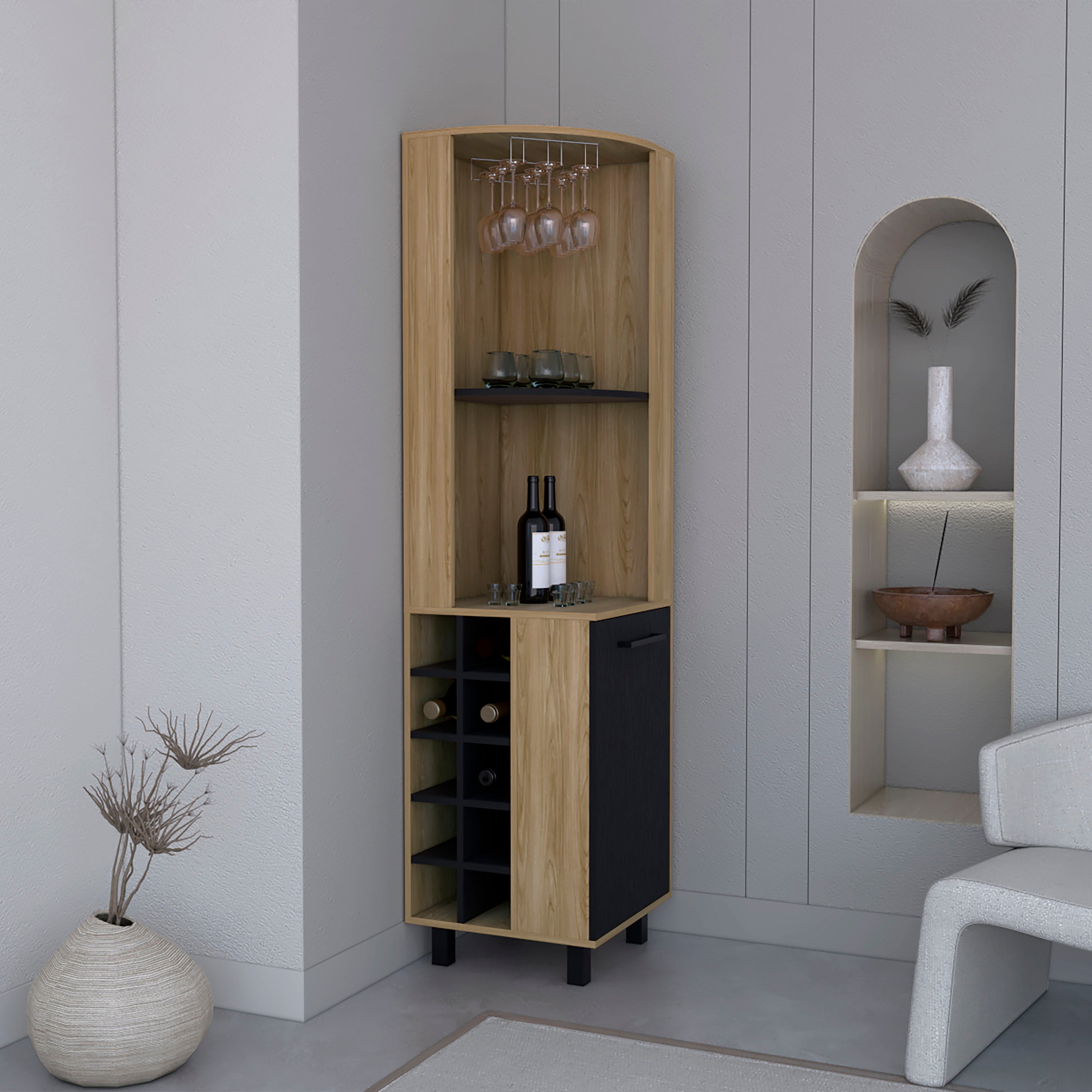 Kaia 70" Corner Bar Cabinet: Oak & Black