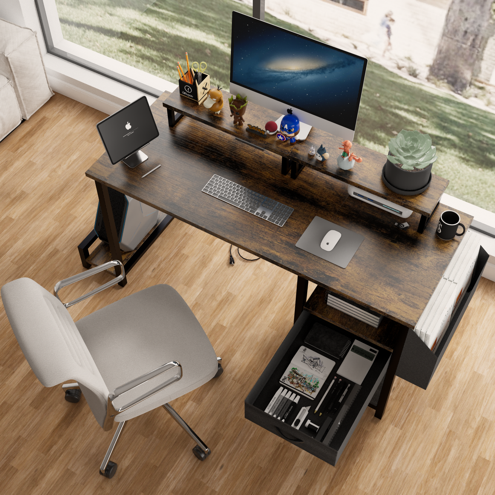 Gaming Desk w/ Power Outlet, Monitor Stands & Storage - Rustic Brown