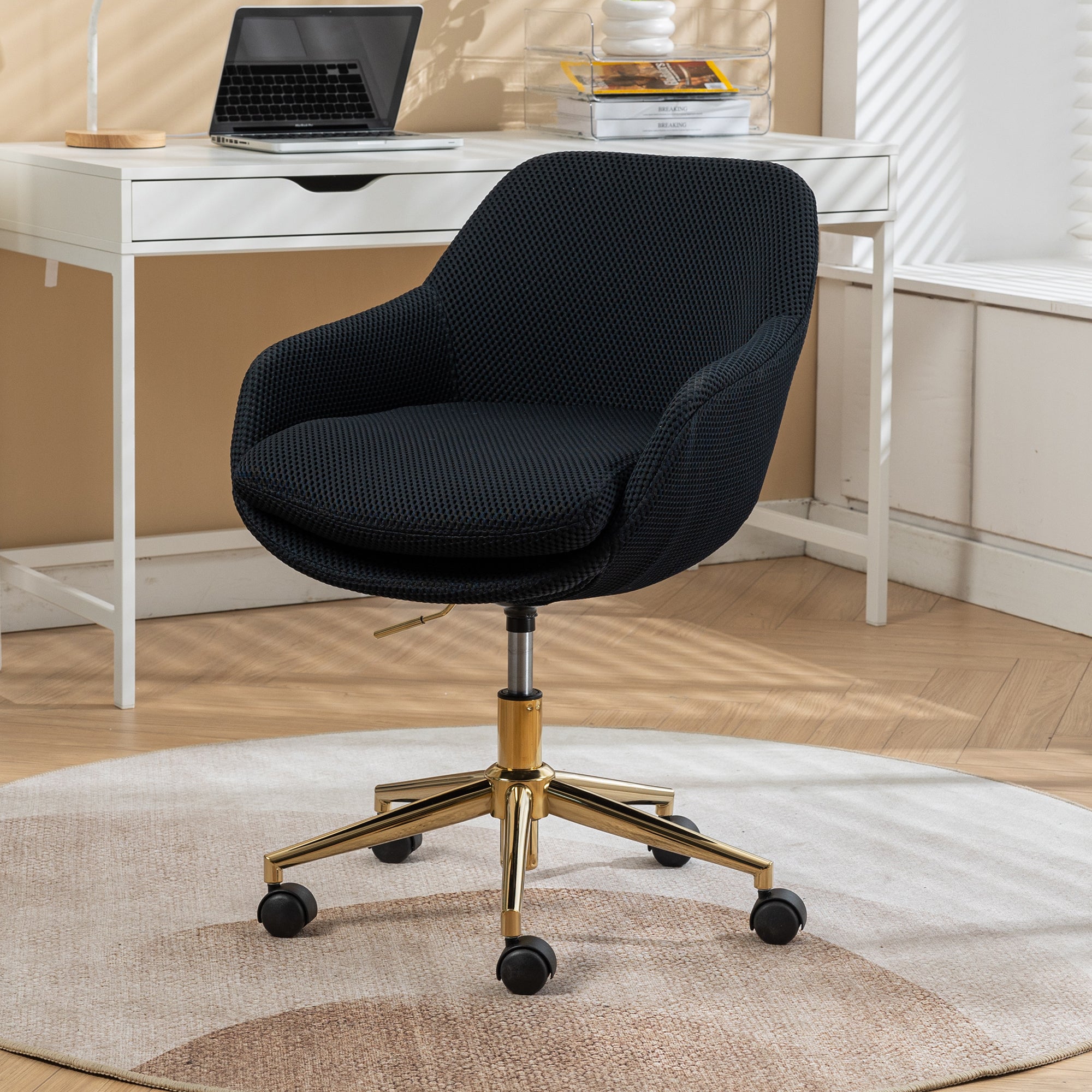 Mesh Office Chair, 360° Swivel, Adjustable Height, Black & Gold