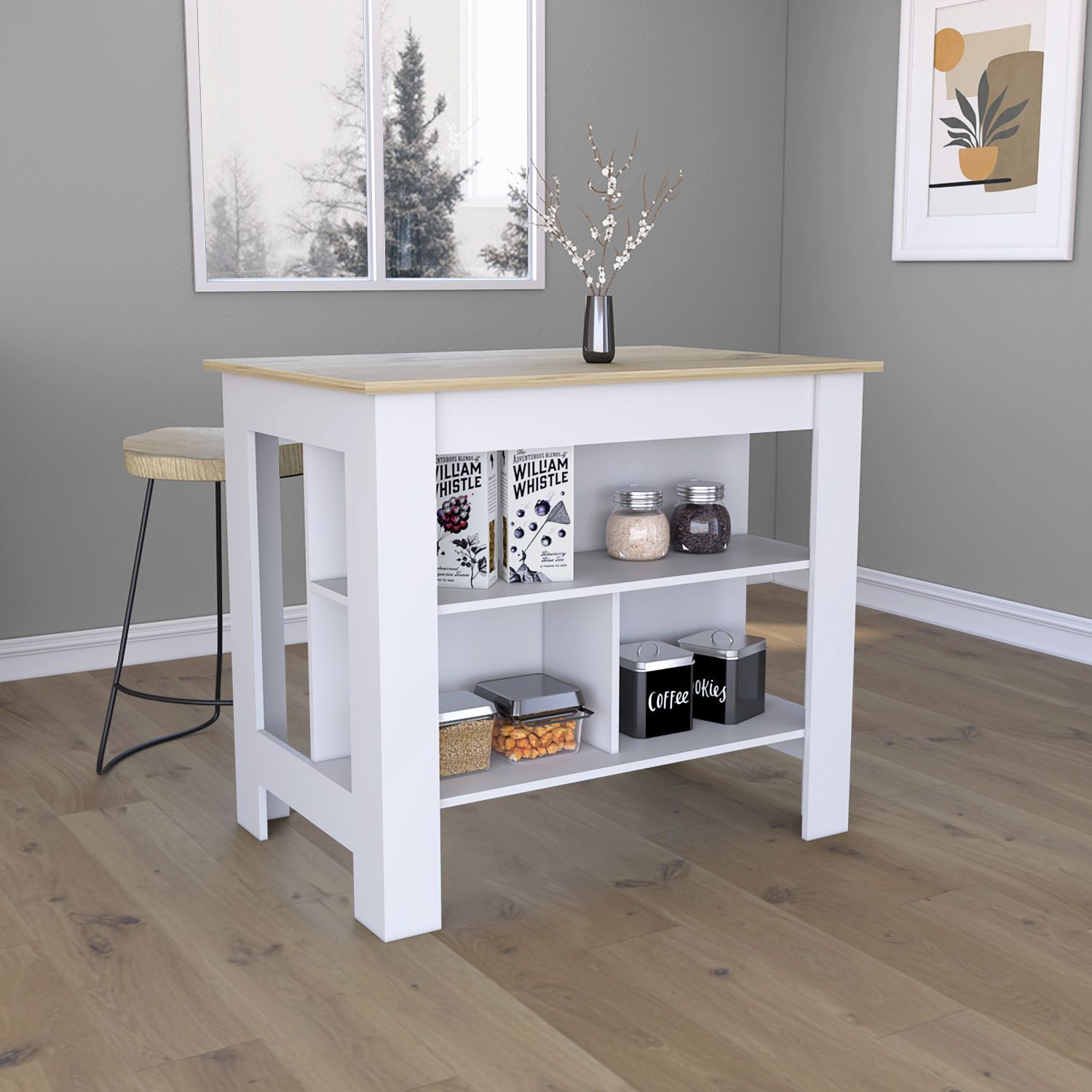 White Kitchen Island Table w/ Storage Shelves - 35"H