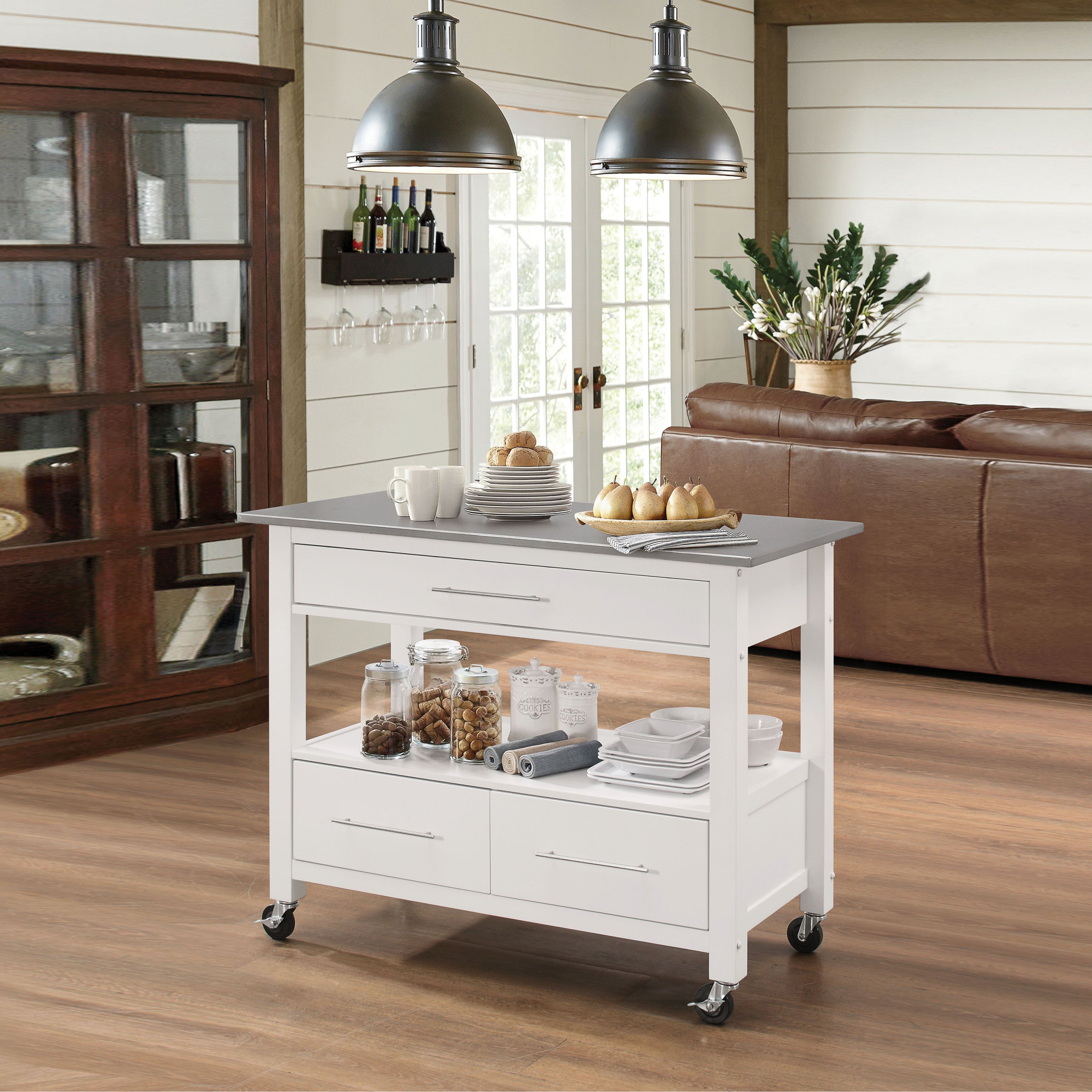 Kitchen Cart: Stainless Steel & White, Locking Casters