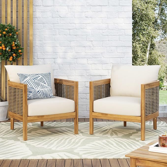 Acacia Wood Club Chairs with Cushions (Set of 2)