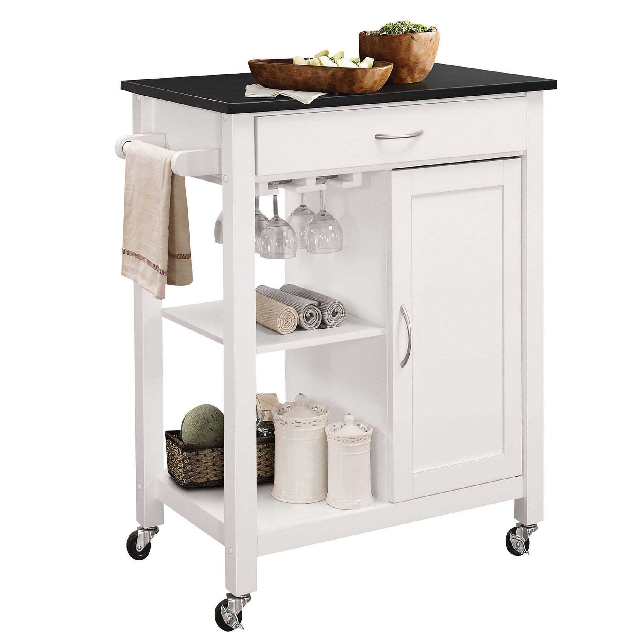 Black & White Kitchen Cart: 1 Cabinet Storage