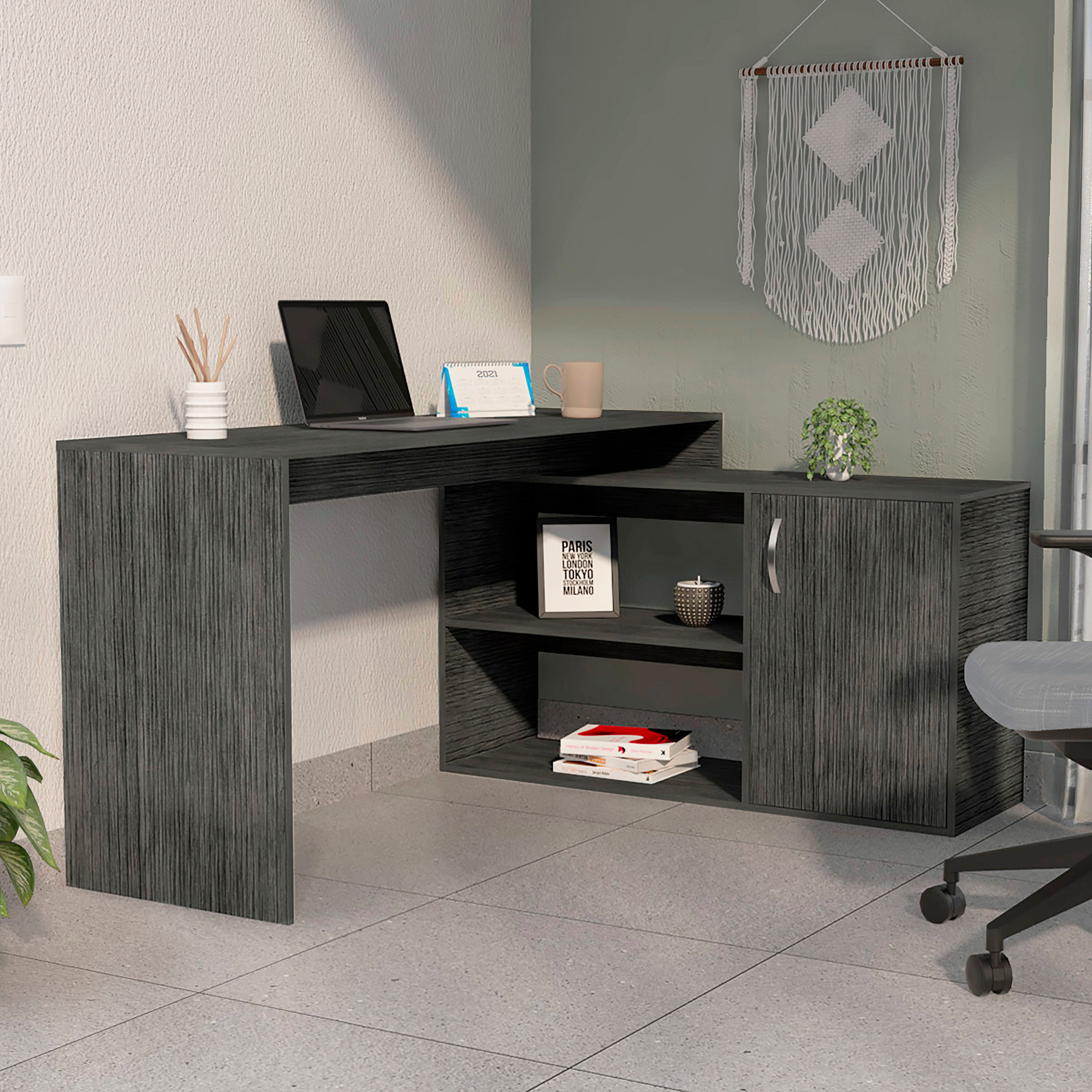 Smokey Oak L-Shaped 2-Shelf Office Desk