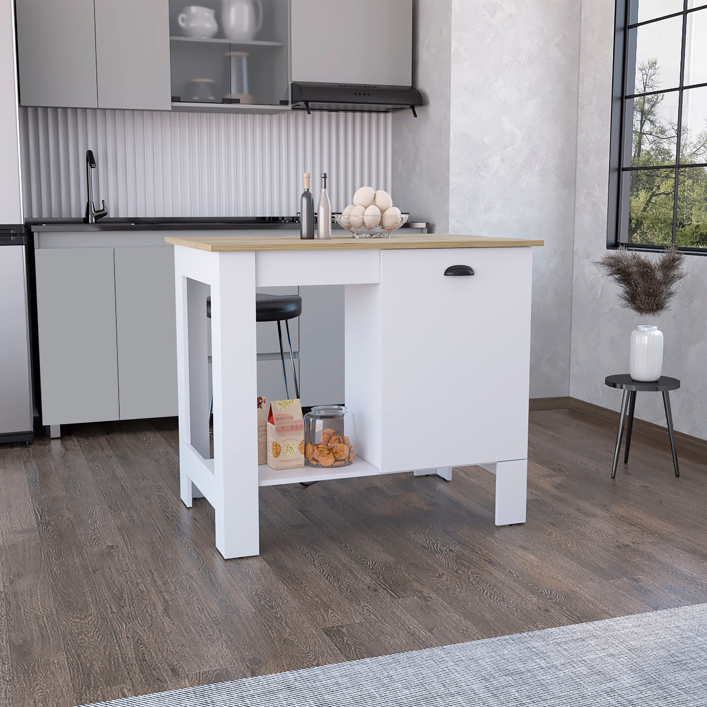 Atenea Kitchen Island: White/Macadamia Single Door