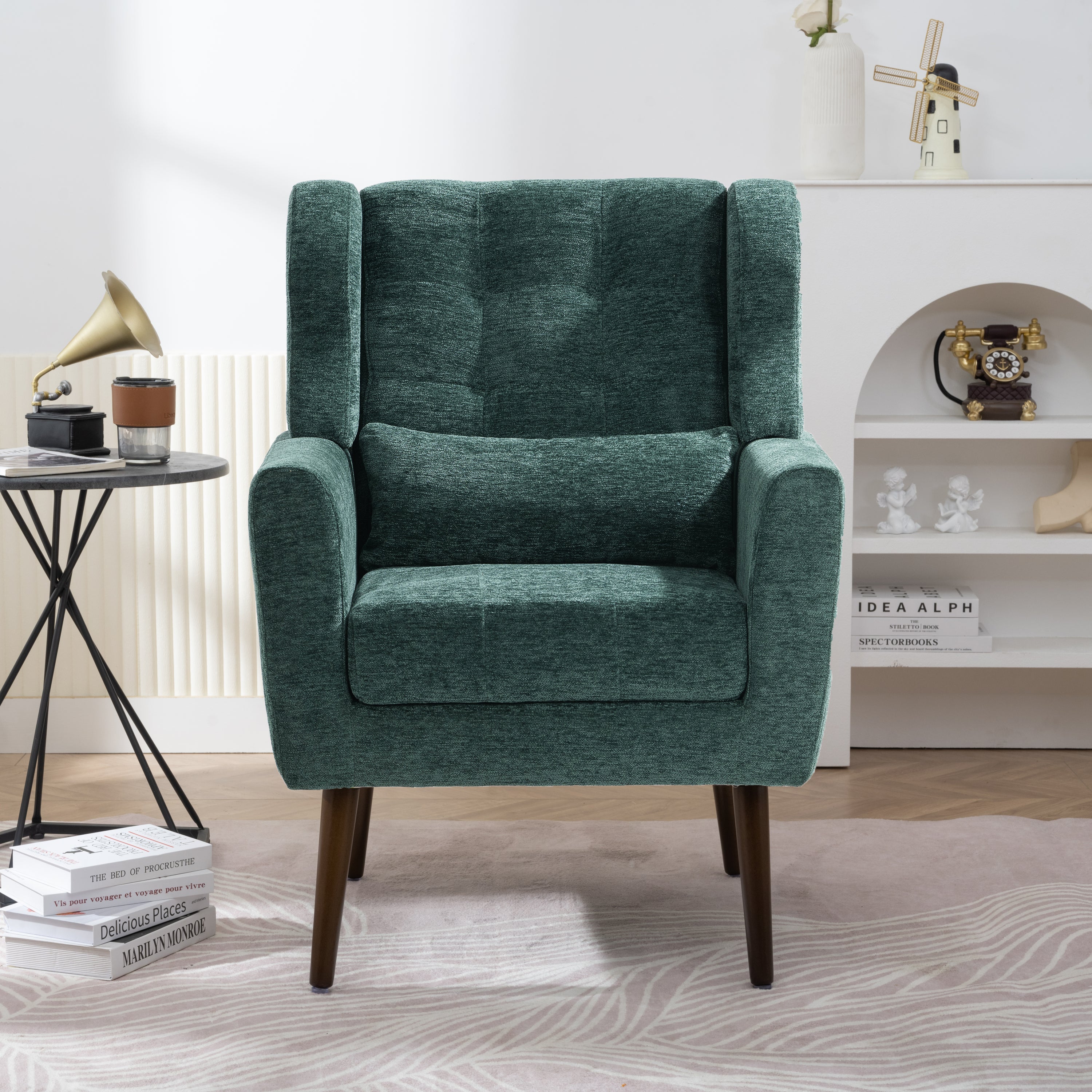 Modern Chenille Accent Chair w/Pillow - Blackish Green