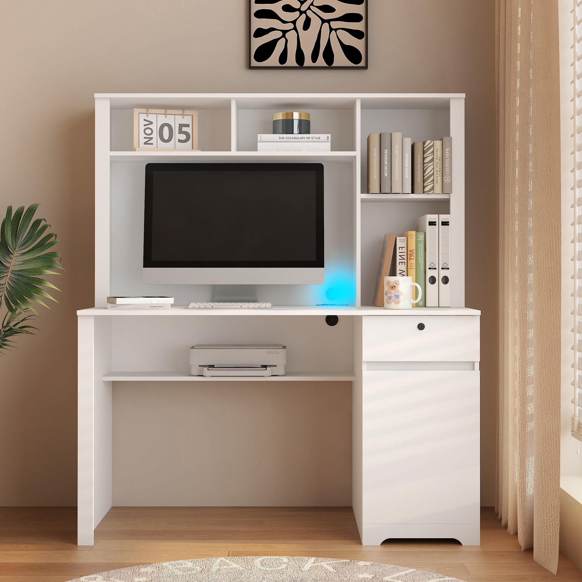 White Computer Desk with Hutch, Bookshelf & Charging Ports