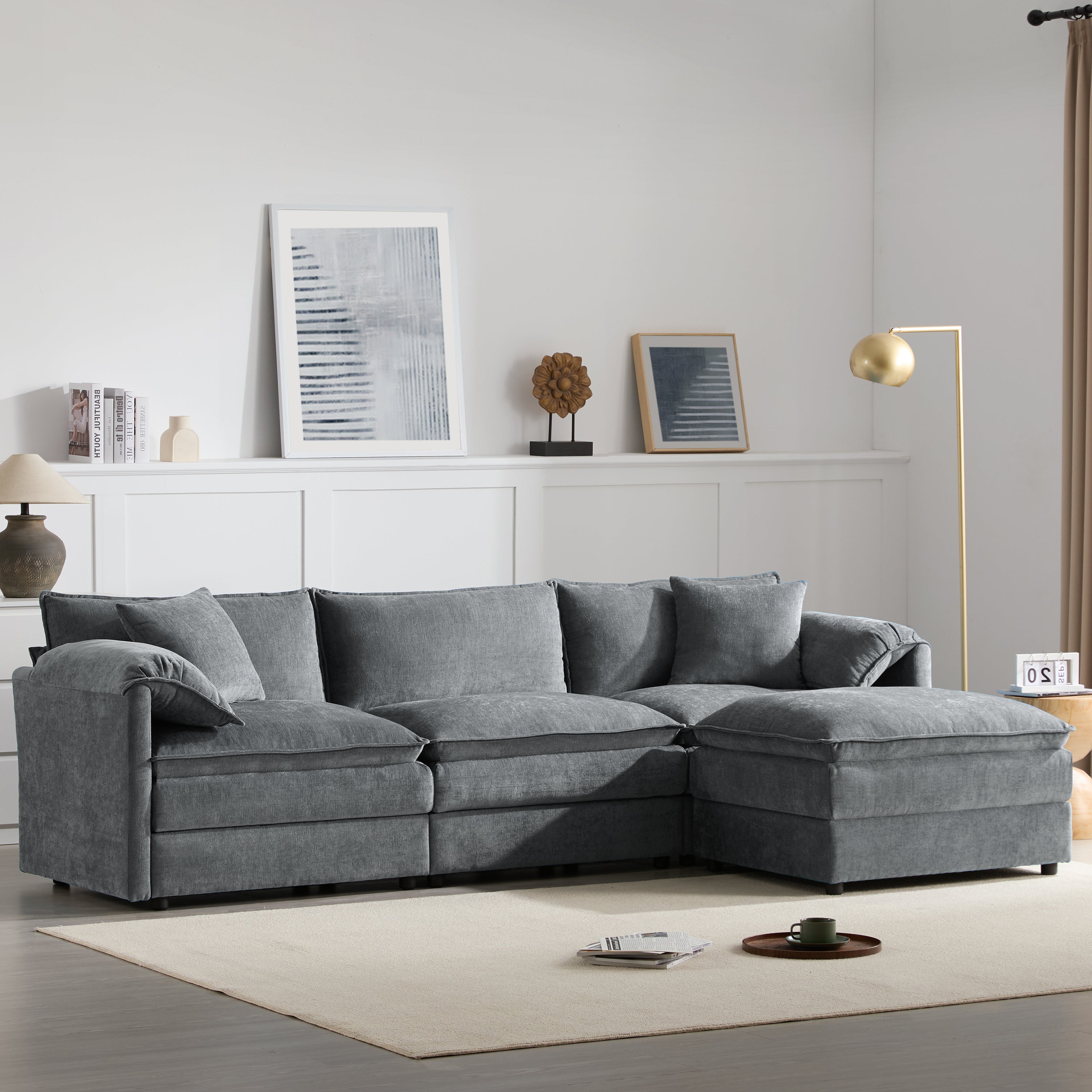Chenille Modular Sectional Sofa, L-Shaped Cloud Couch, 4 Seat with Ottoman