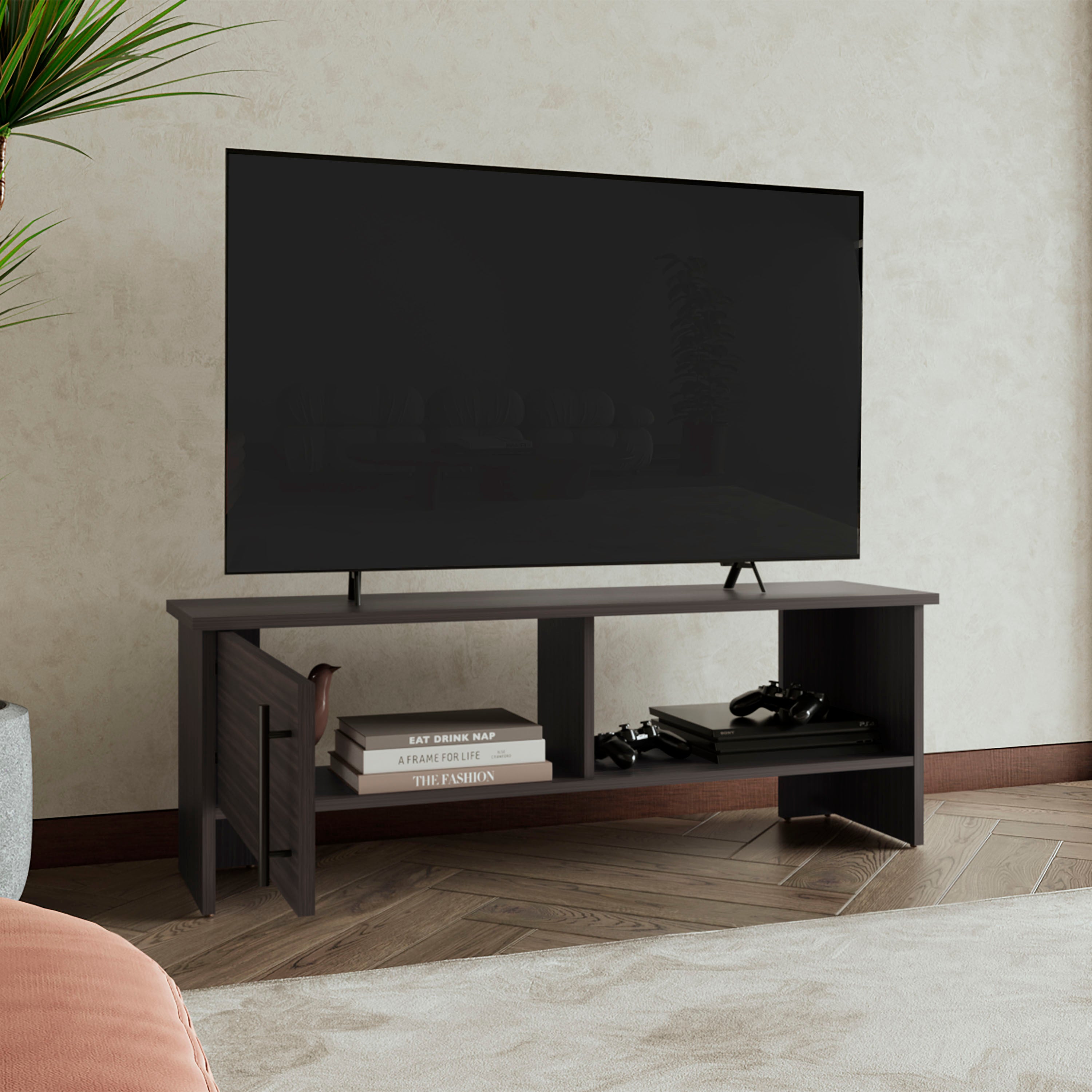 Navia 47" TV Stand, Dark Walnut, Cabinet & Shelf