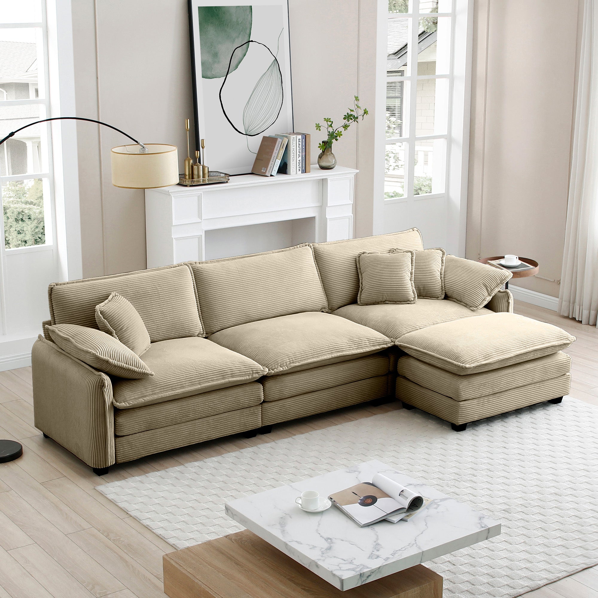 Oversized 3-Seater Corduroy Sectional Sofa w/ Ottoman (Tan)