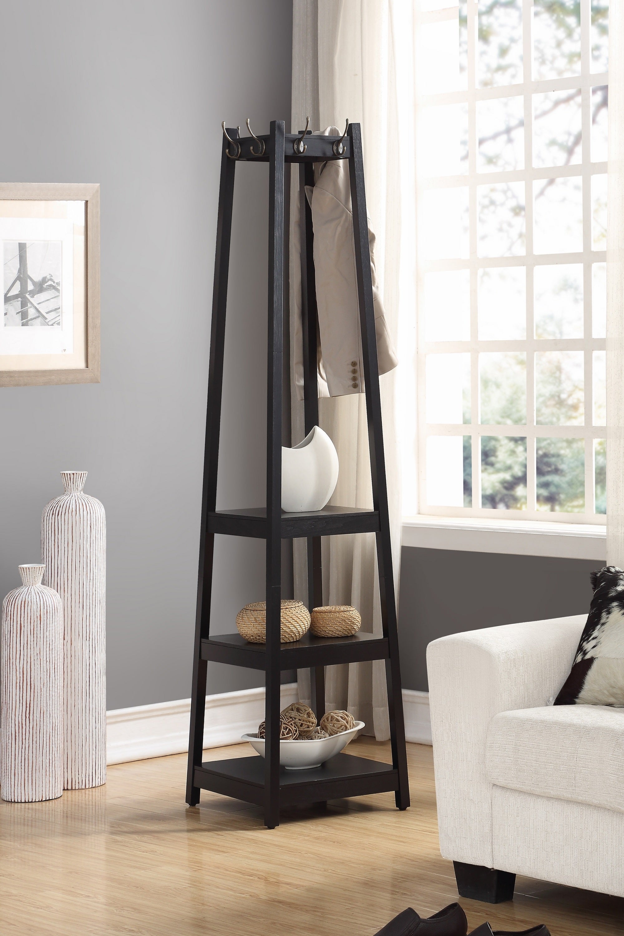 Vassen Coat Rack with 3-Tier Shelves - Black