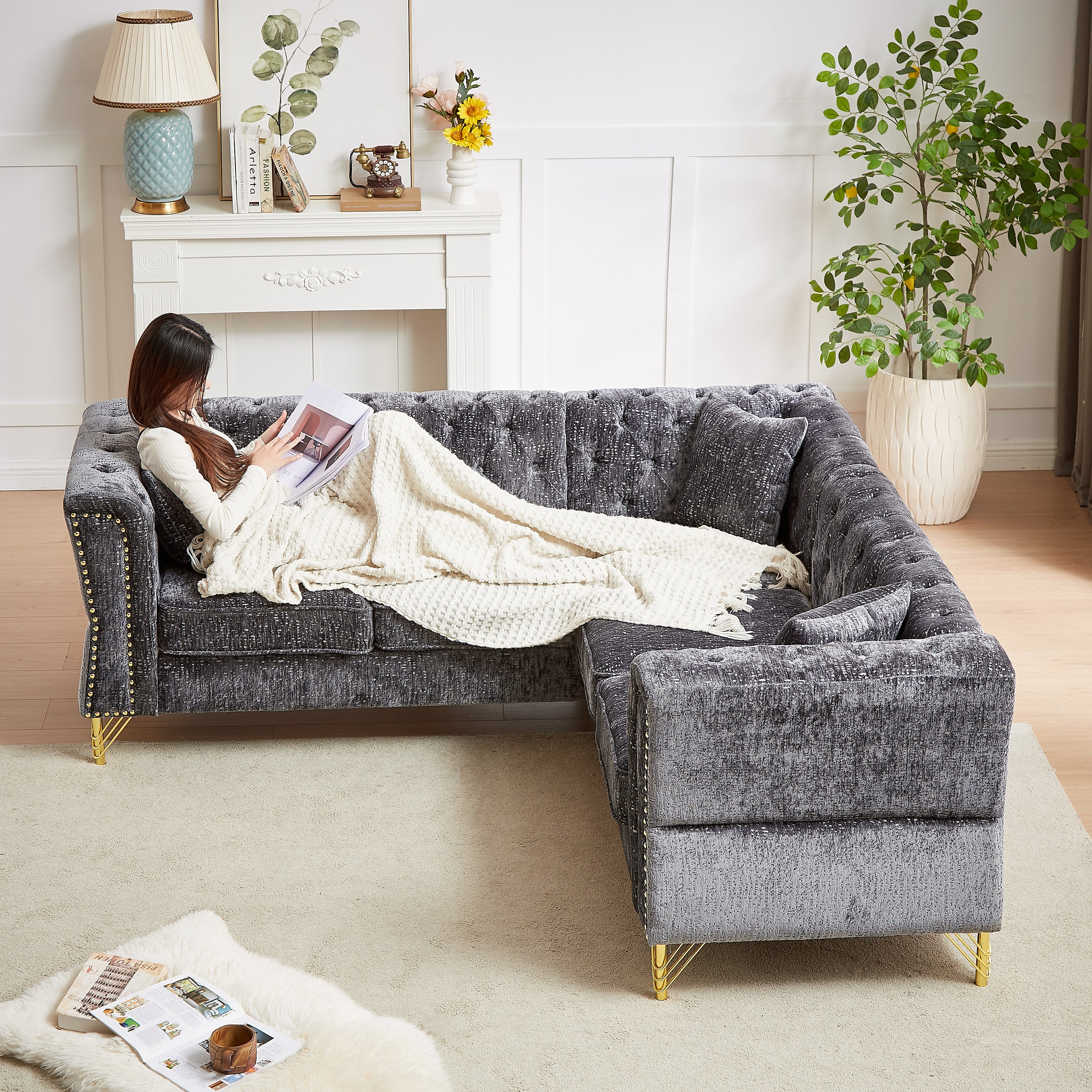 Chenille Corner Sofa: 81.5" L-Shaped Sectional