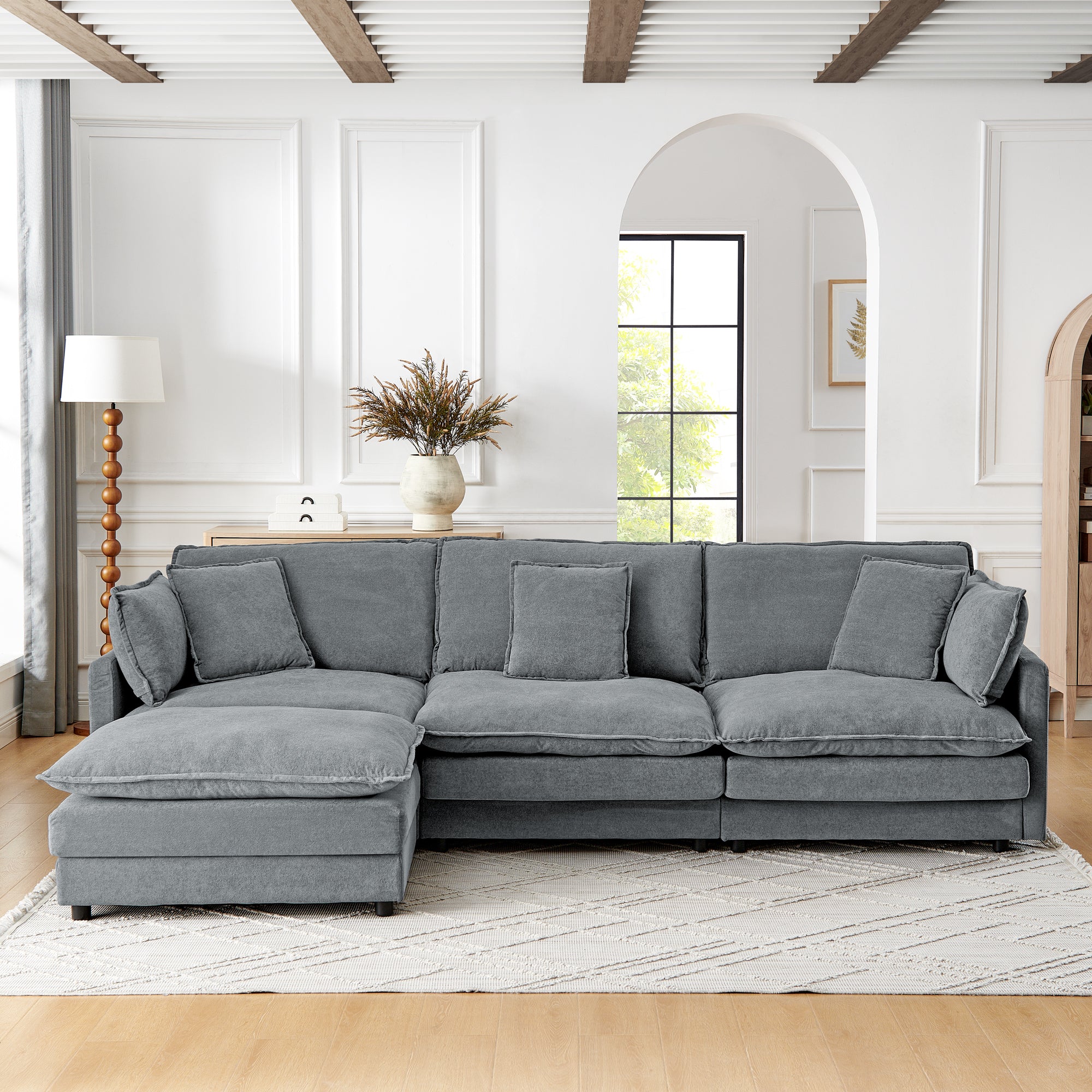 Grey L-Shaped Sectional Sofa with Ottoman