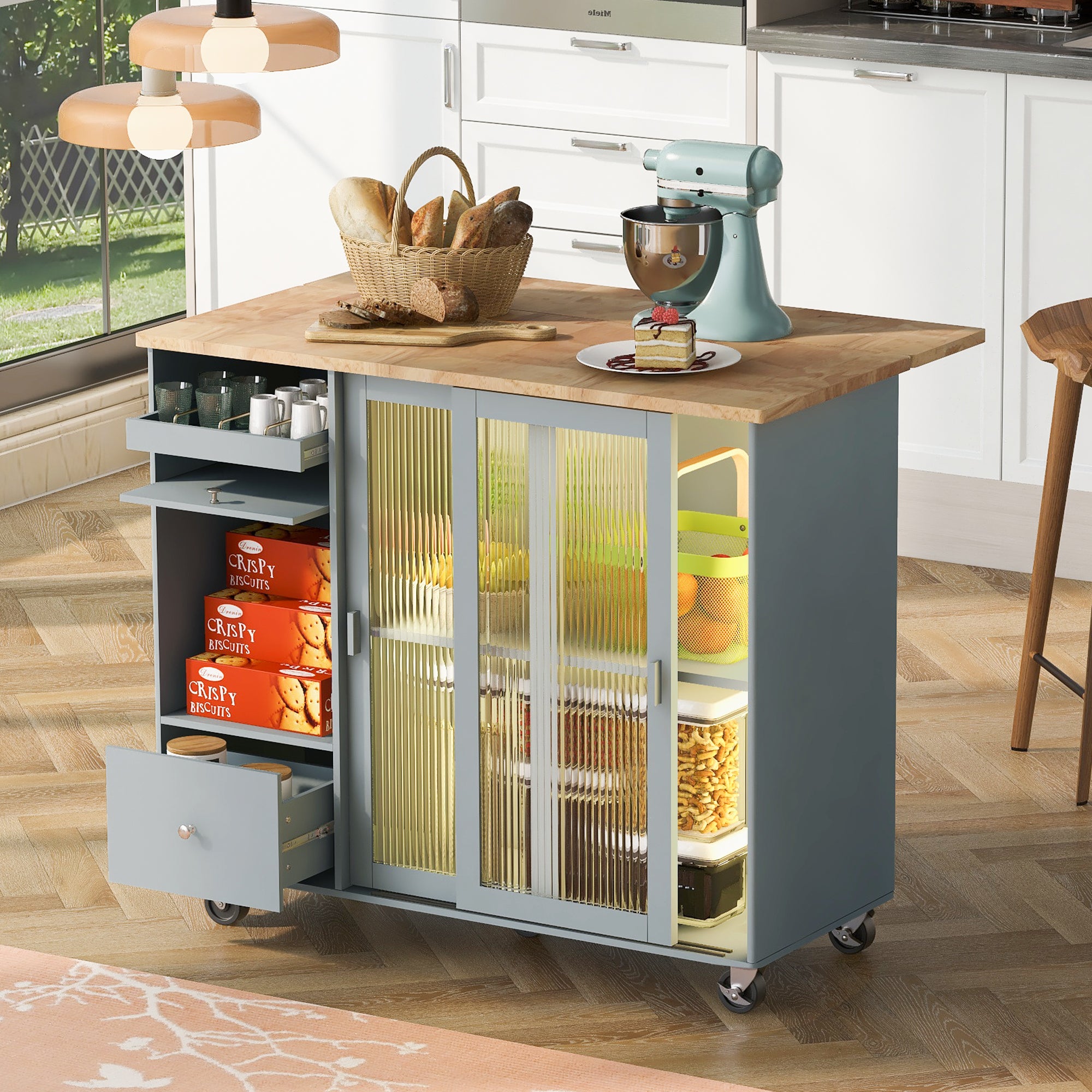 Kitchen Island Cart: Drop Leaf, LED Lights, Grey Blue